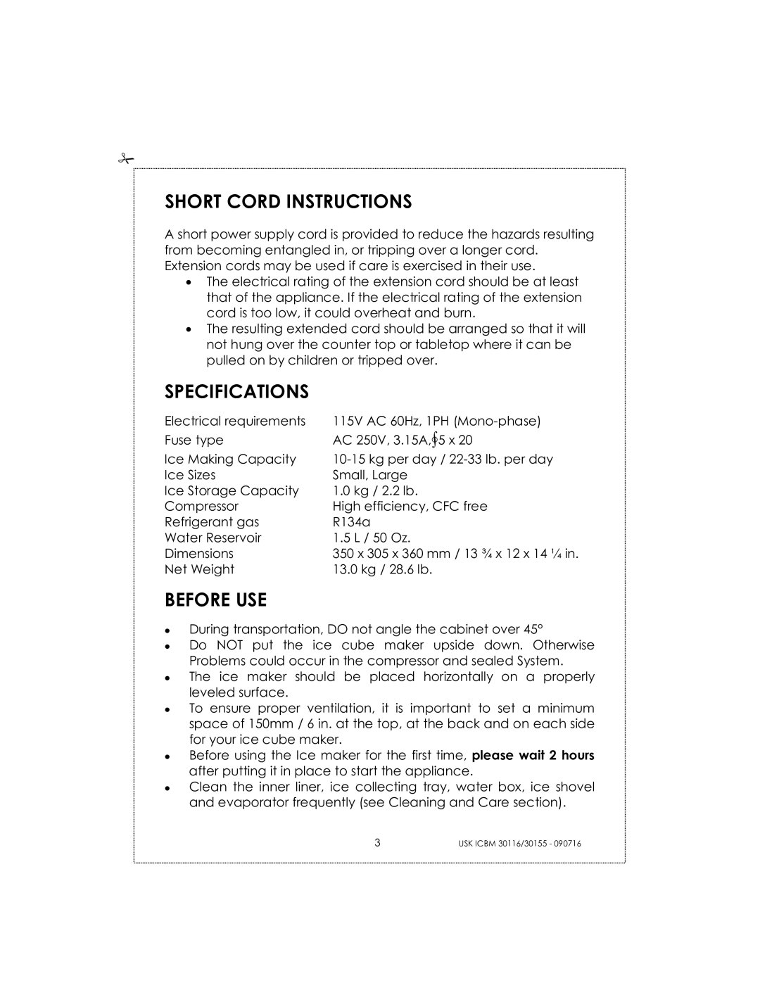 Kalorik USK ICBM 30155, USK ICBM 30116 manual Short Cord Instructions, Specifications, Before USE 