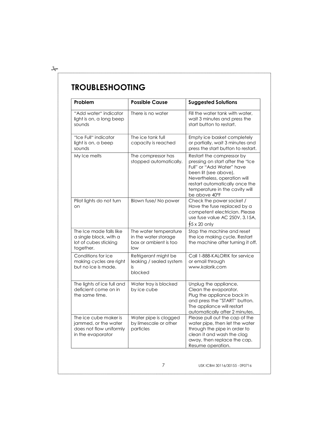 Kalorik USK ICBM 30155, USK ICBM 30116 manual Troubleshooting, Problem Possible Cause Suggested Solutions 