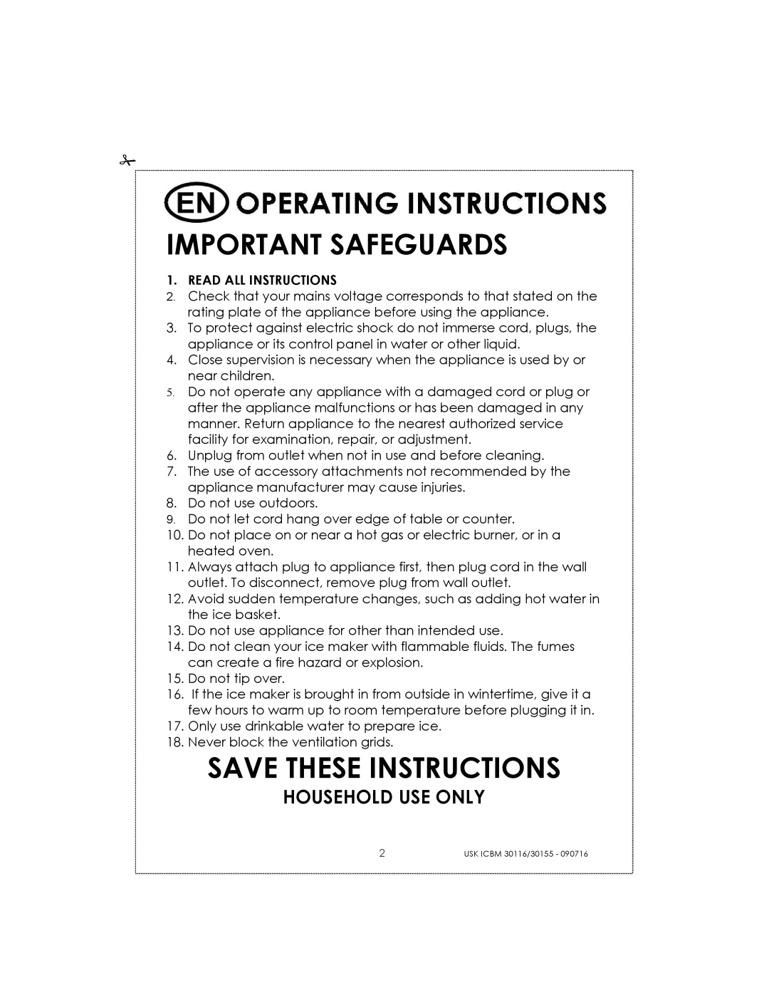 Kalorik USK ICBM 30116, USK ICBM 30155 manual Important Safeguards, Save These Instructions, Household Use Only 