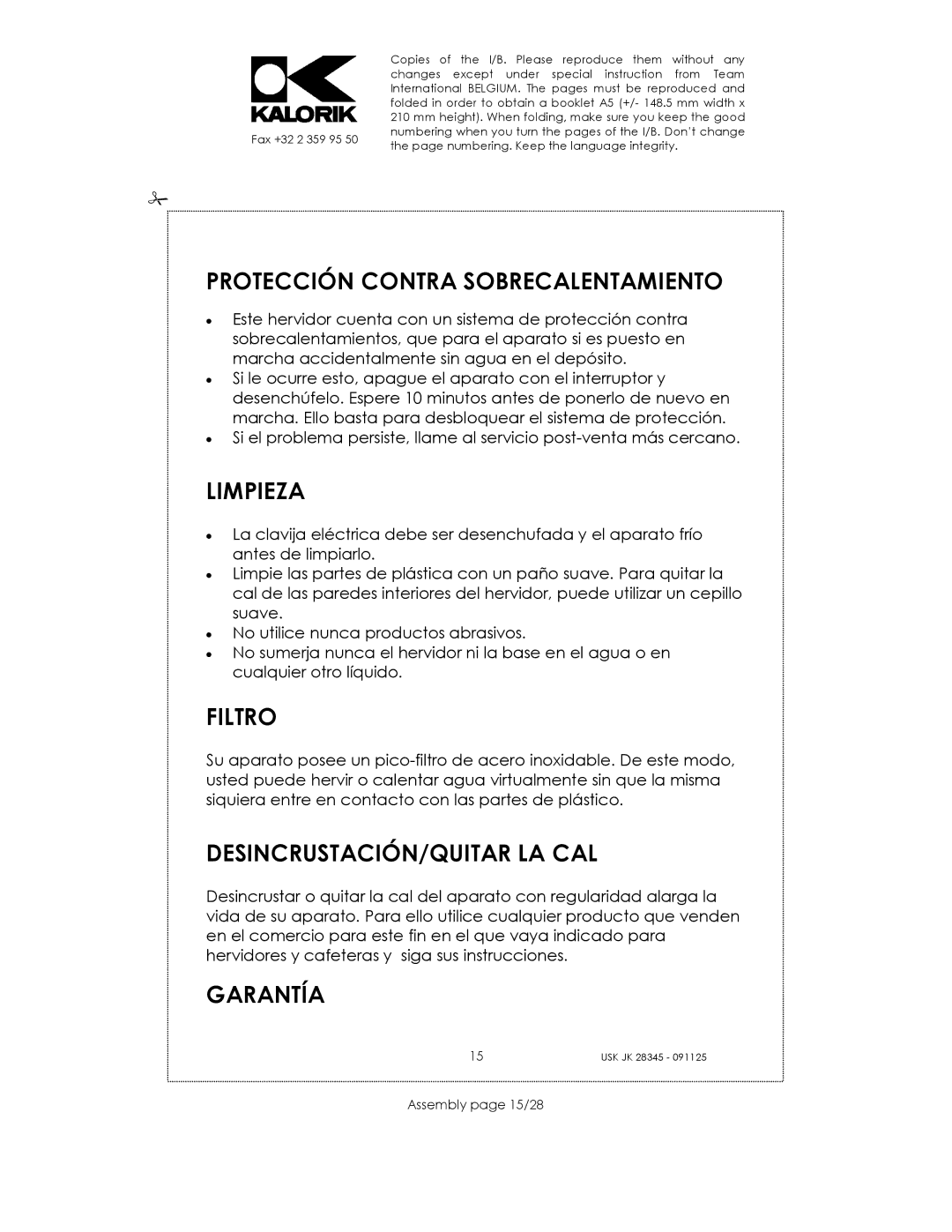 Kalorik USK JK 28345 manual Protección Contra Sobrecalentamiento, Limpieza, Filtro, Desincrustación/Quitar La Cal, Garantía 