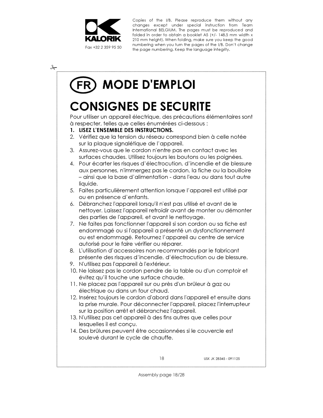 Kalorik USK JK 28345 manual Consignes DE Securite, Lisez L’ENSEMBLE DES Instructions, Assembly page 18/28 