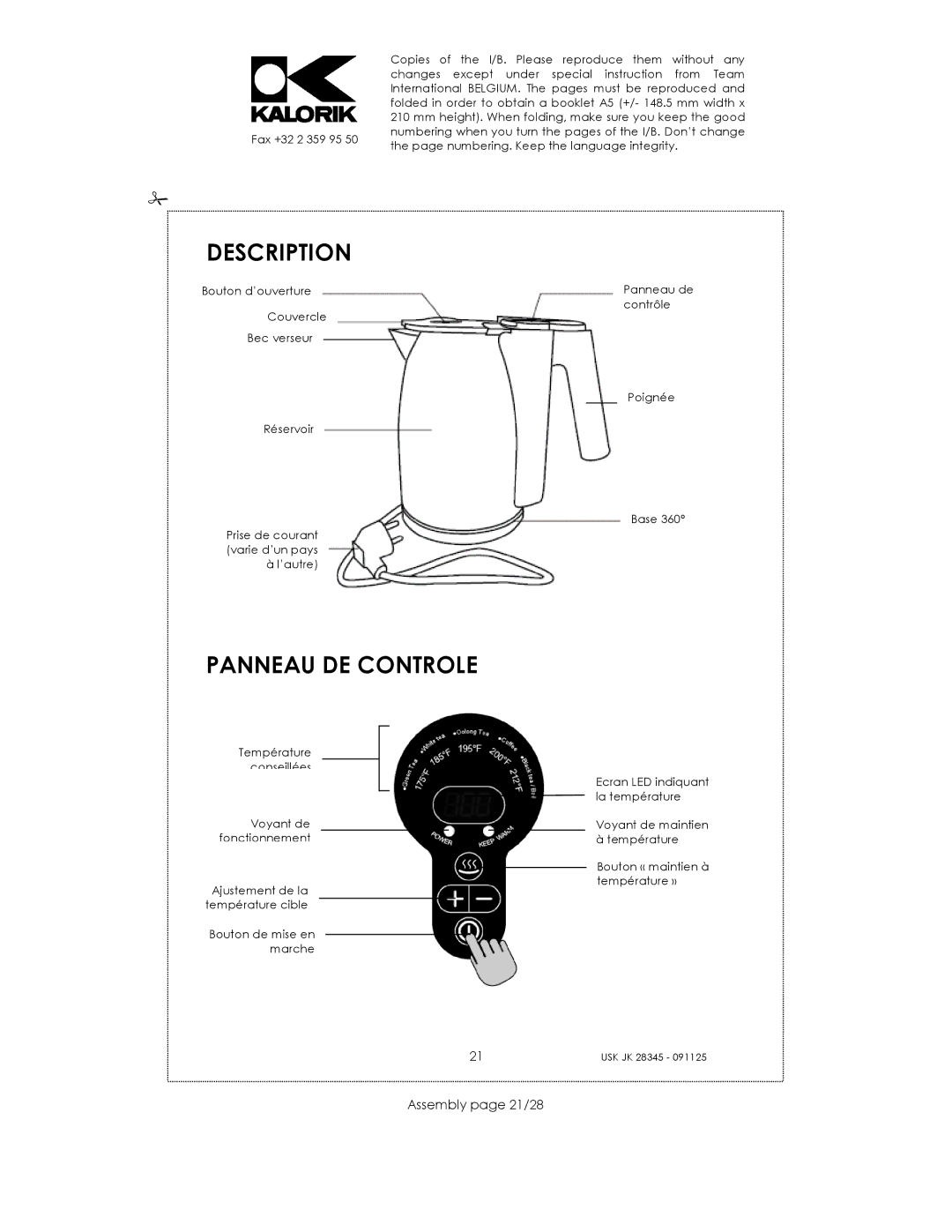 Kalorik USK JK 28345 manual Description, Panneau DE Controle, Assembly page 21/28 