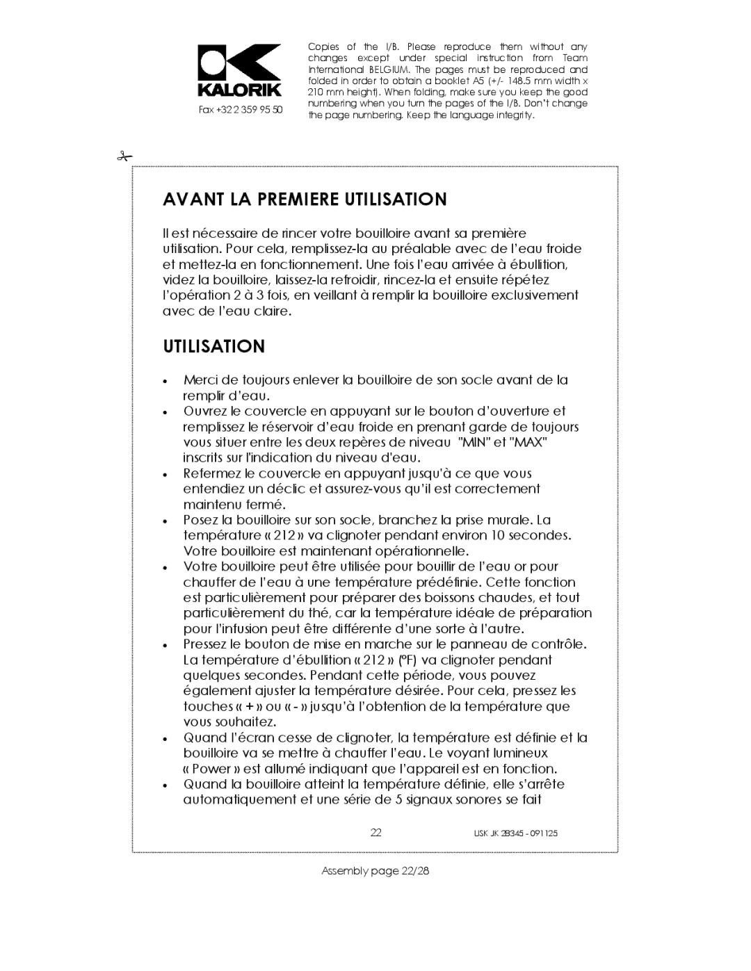 Kalorik USK JK 28345 manual Avant LA Premiere Utilisation, Assembly page 22/28 