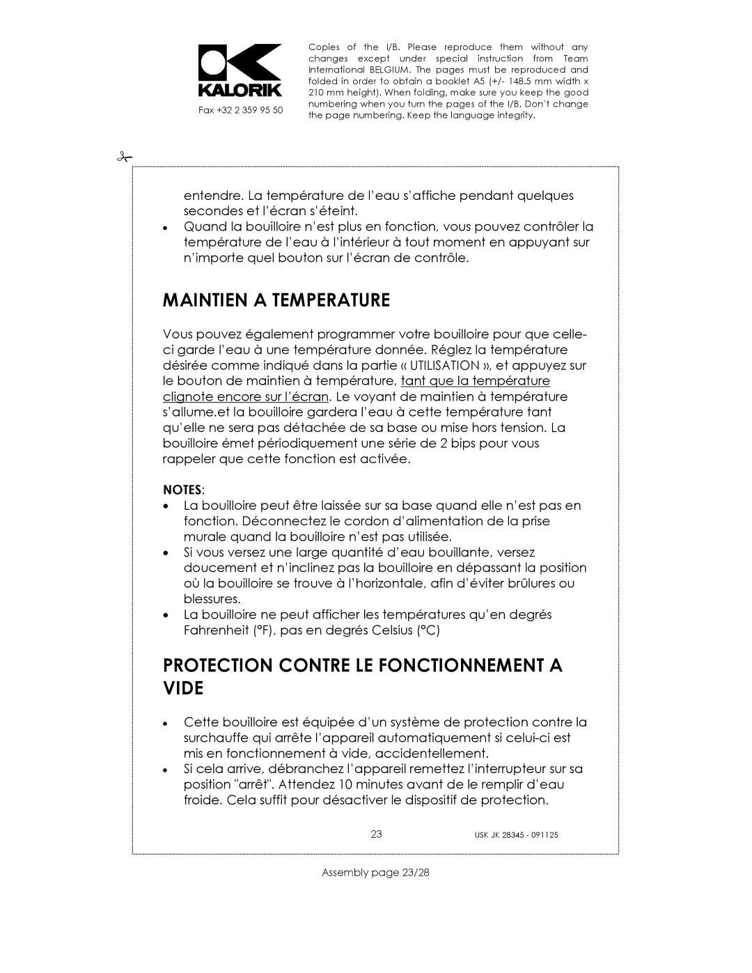 Kalorik USK JK 28345 manual Maintien a Temperature, Protection Contre LE Fonctionnement a Vide, Assembly page 23/28 