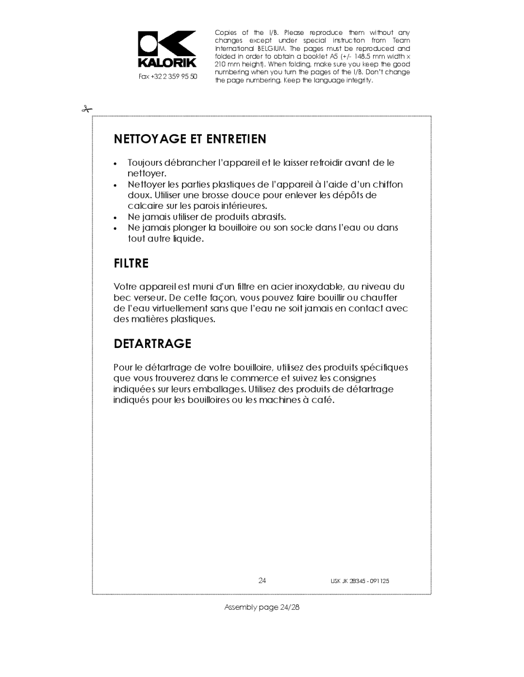 Kalorik USK JK 28345 manual Nettoyage ET Entretien, Filtre, Detartrage, Assembly page 24/28 