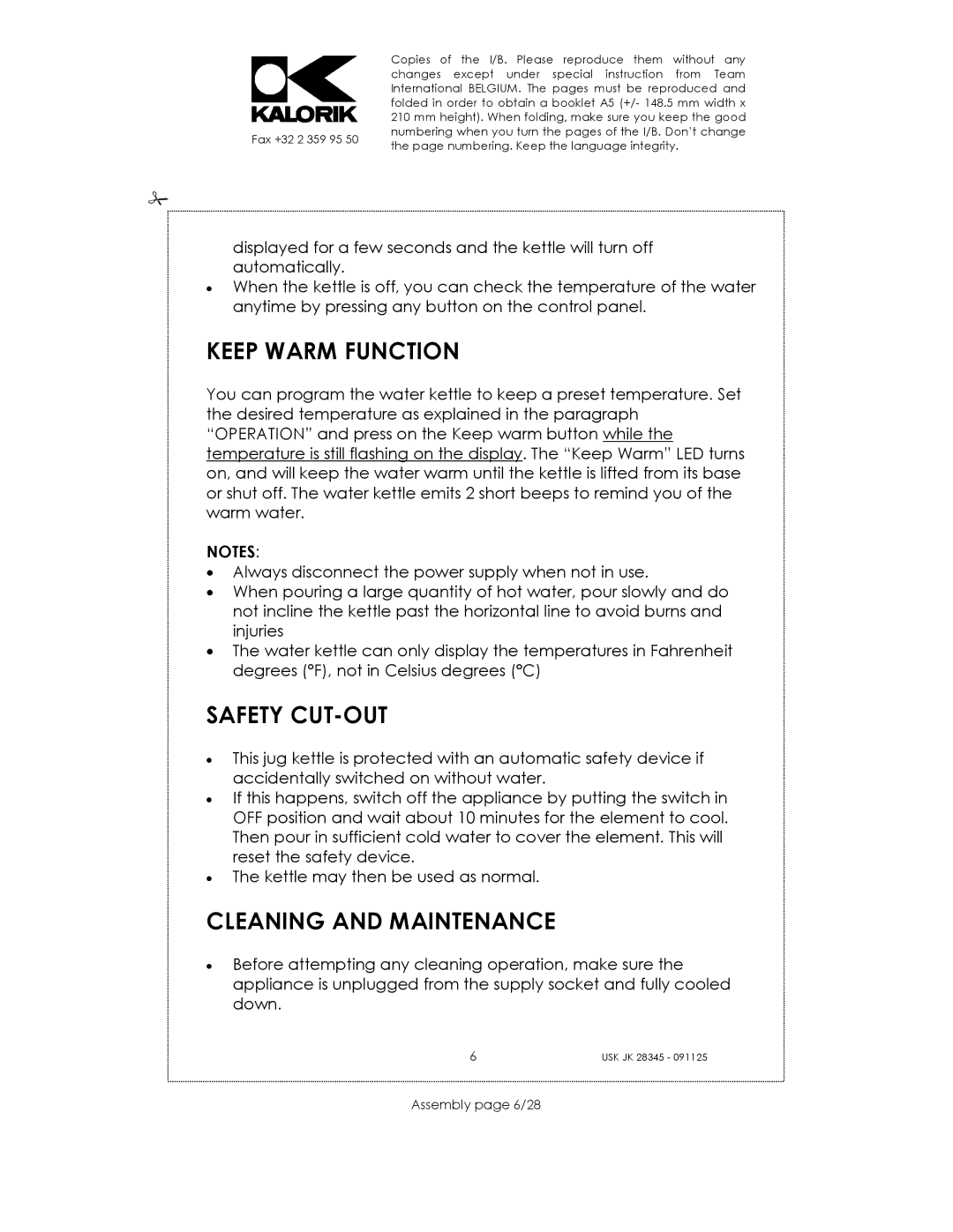 Kalorik USK JK 28345 manual Keep Warm Function, Safety CUT-OUT, Cleaning and Maintenance, Assembly page 6/28 