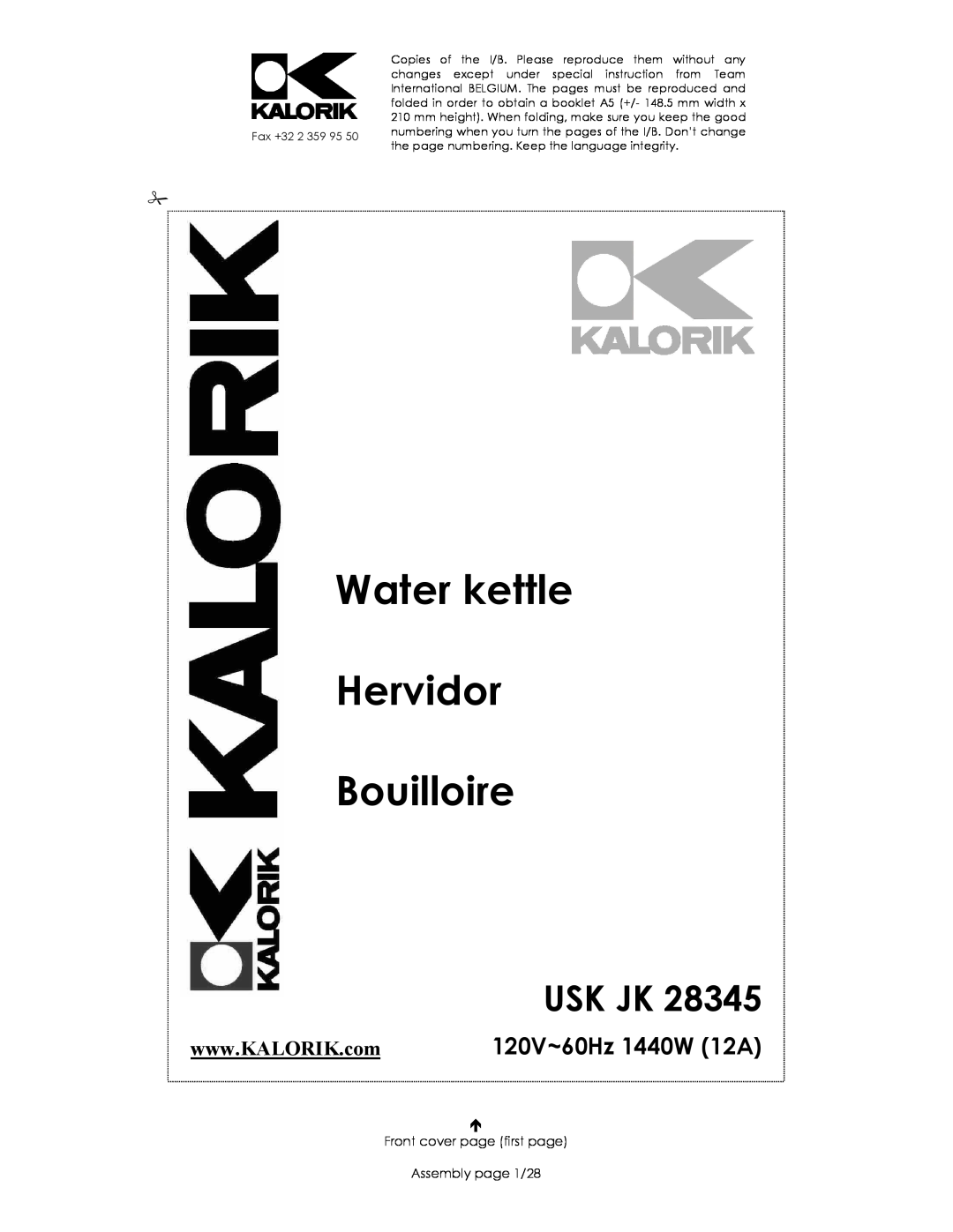 Kalorik USK JK 28345 manual Usk Jk, 120V~60Hz 1440W 12A, Water kettle Hervidor Bouilloire 