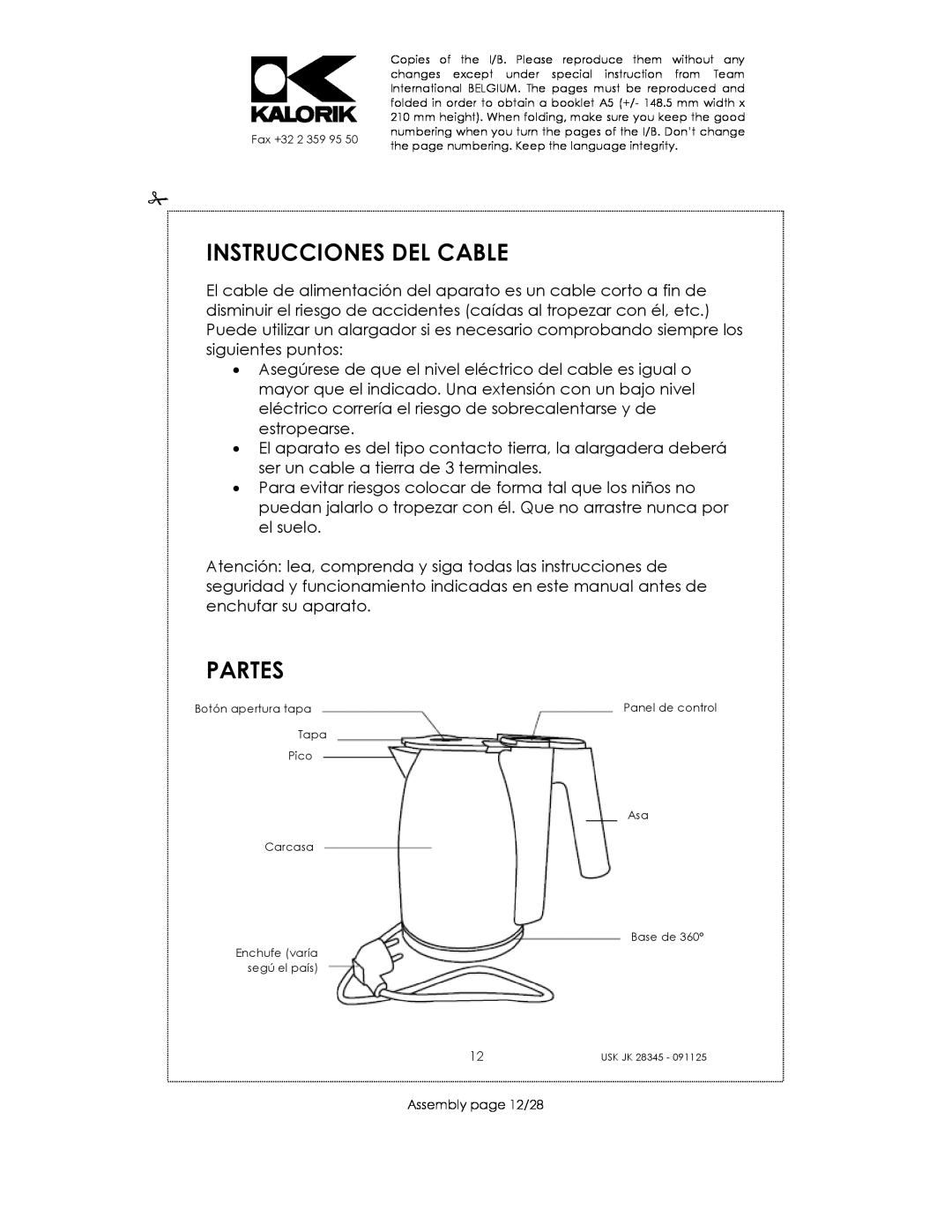 Kalorik USK JK 28345 manual Instrucciones Del Cable, Partes, Assembly page 12/28 
