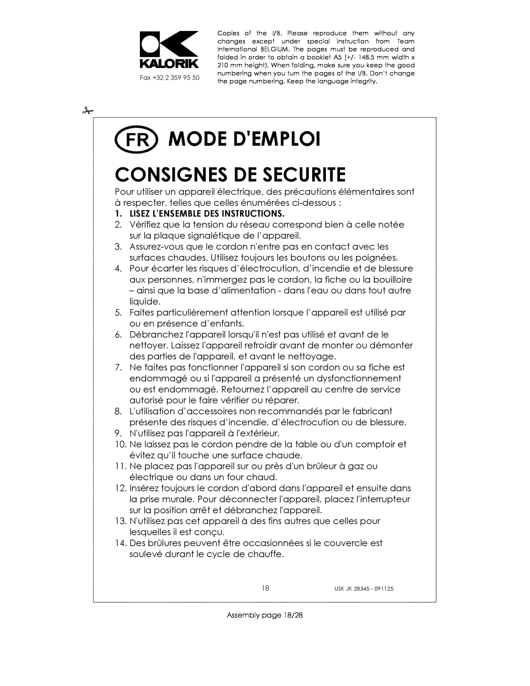 Kalorik USK JK 28345 manual Consignes De Securite 