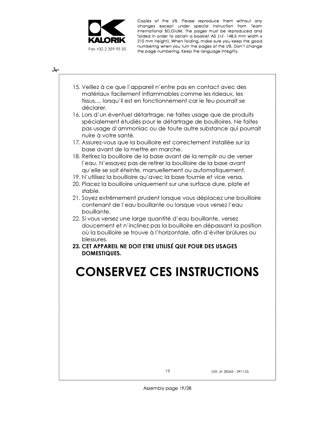 Kalorik USK JK 28345 manual Conservez Ces Instructions, Assembly page 19/28 