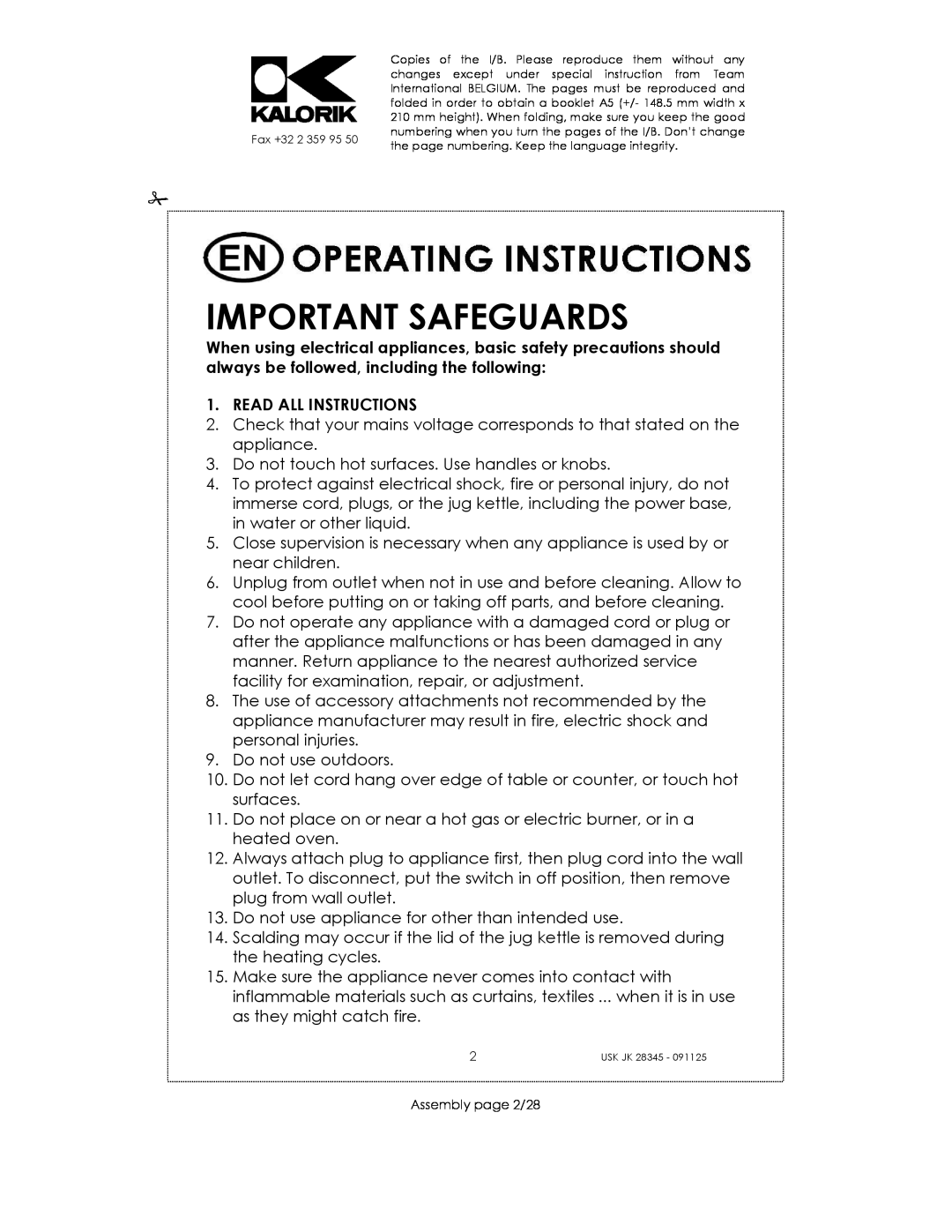 Kalorik USK JK 28345 manual Important Safeguards 