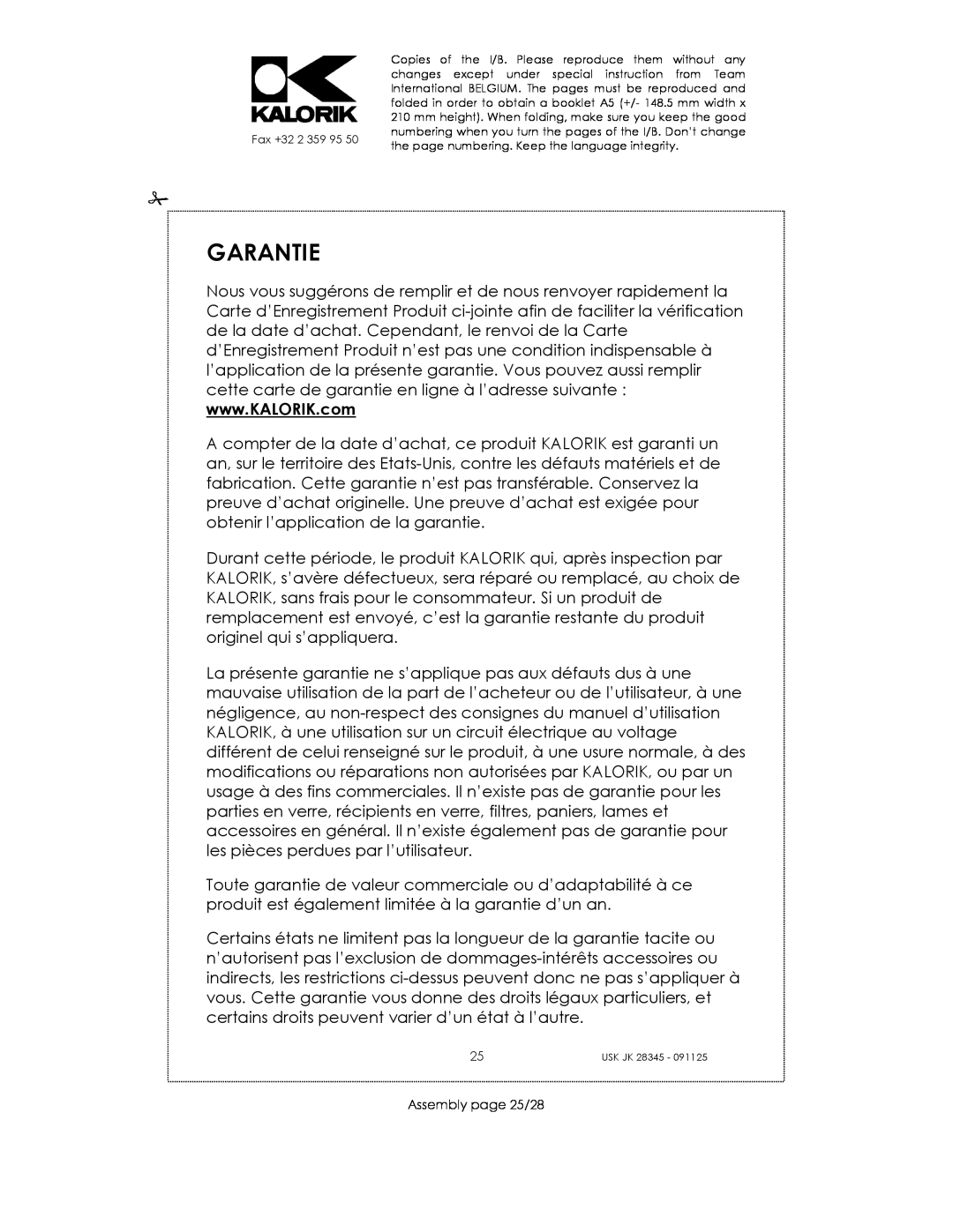 Kalorik USK JK 28345 manual Garantie, Assembly page 25/28 