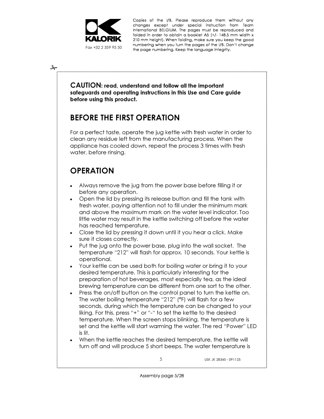 Kalorik USK JK 28345 manual Before The First Operation, Assembly page 5/28 