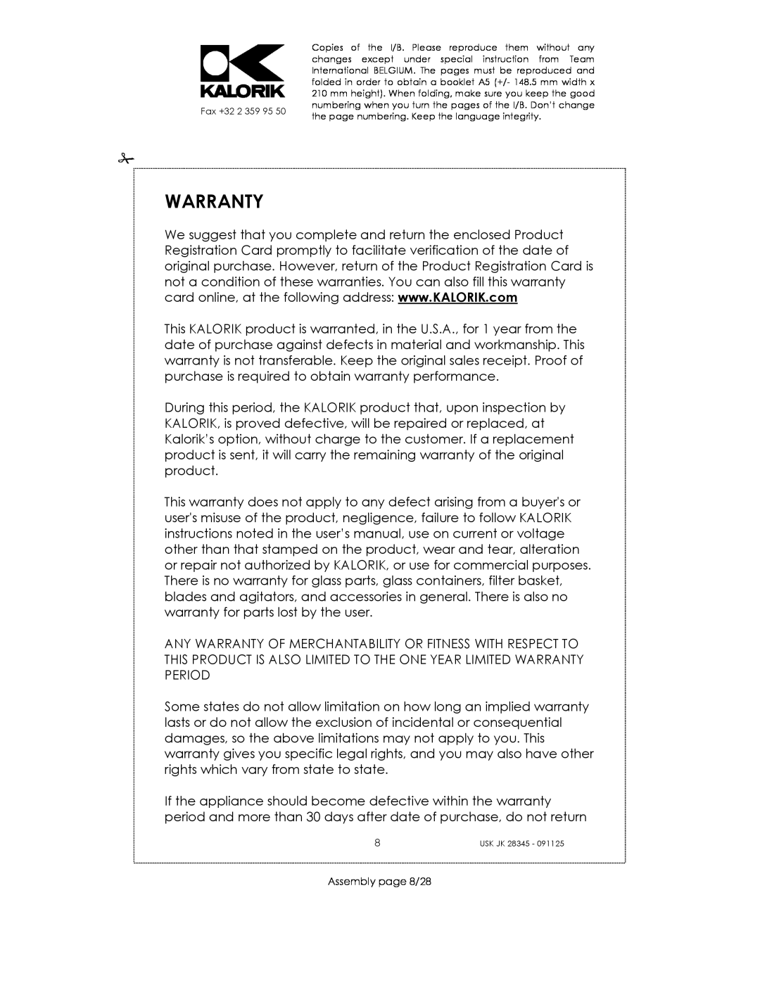 Kalorik USK JK 28345 manual Warranty, Assembly page 8/28 