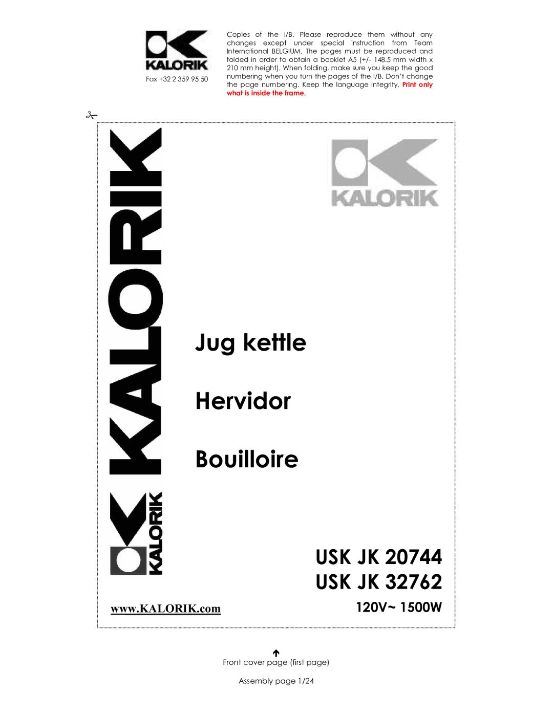 Kalorik USK JK 20744, USK JK 32762 manual Jug kettle Hervidor Bouilloire, Front cover page first Assembly page 1/24 