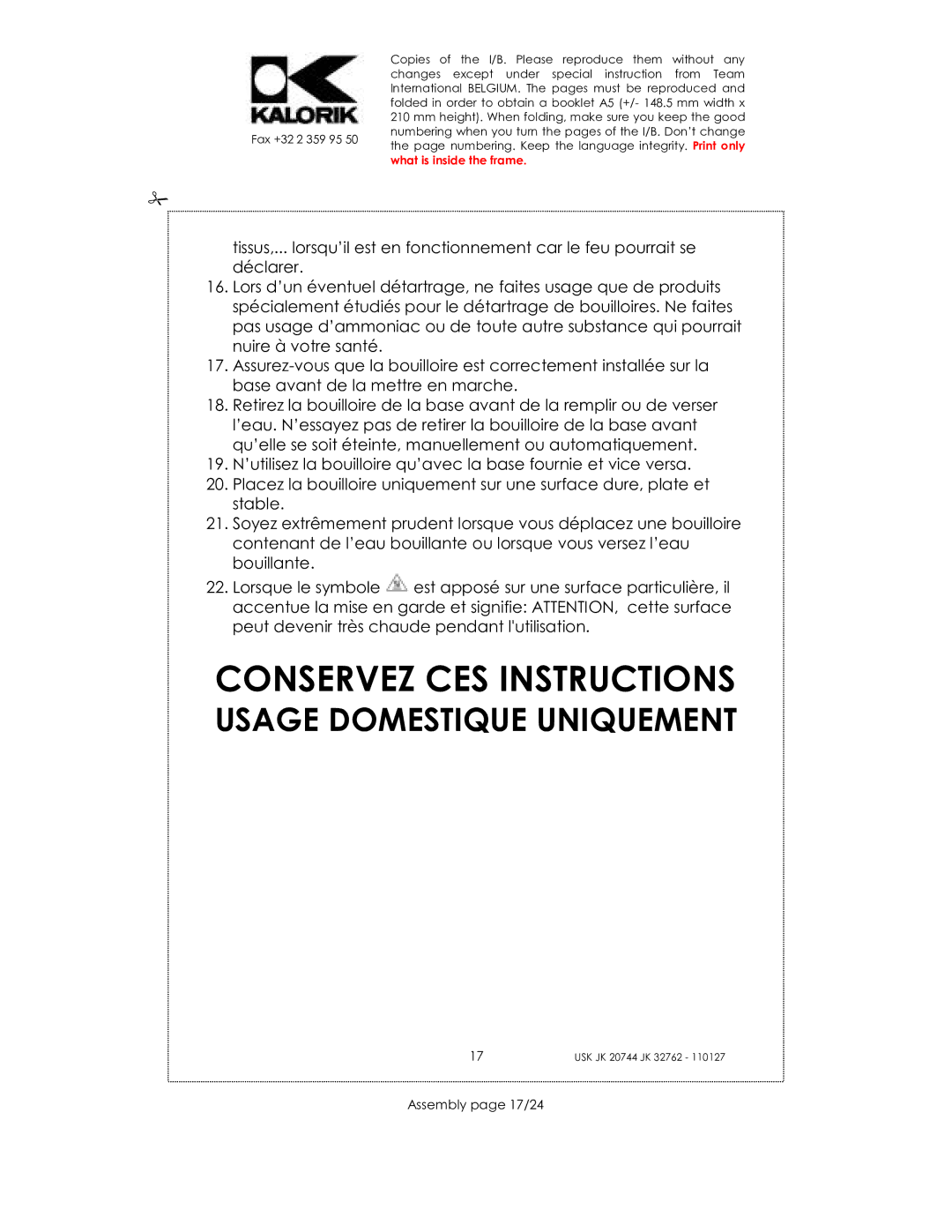 Kalorik USK JK 20744, USK JK 32762 manual Conservez CES Instructions, Assembly page 17/24 