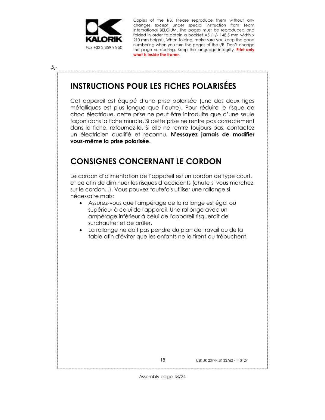 Kalorik USK JK 32762 manual Instructions Pour LES Fiches Polarisées, Consignes Concernant LE Cordon, Assembly page 18/24 