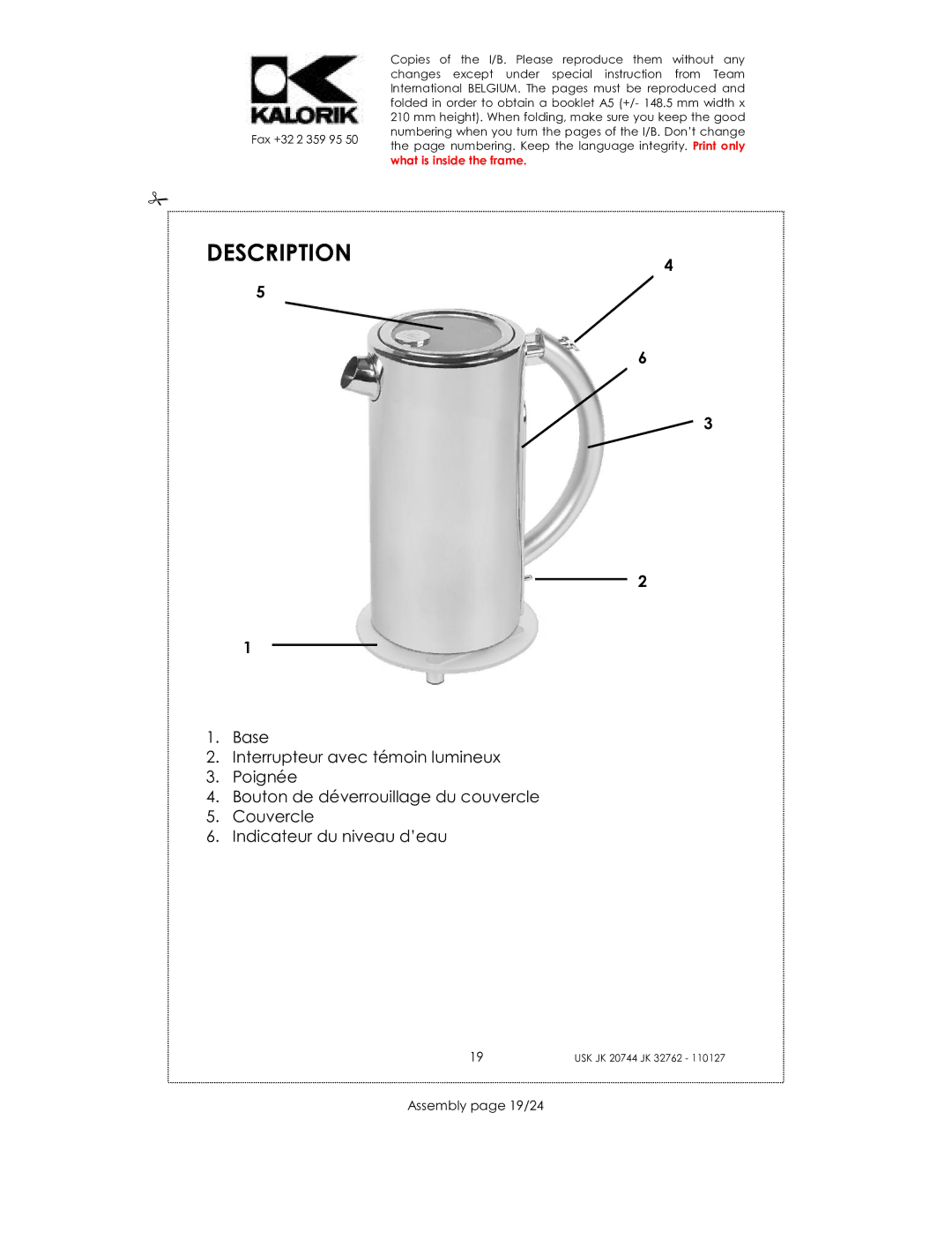 Kalorik USK JK 20744, USK JK 32762 manual Description, Assembly page 19/24 