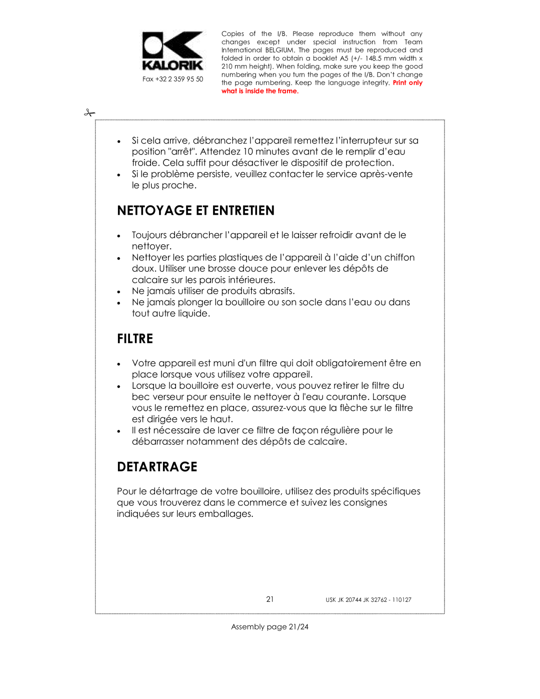 Kalorik USK JK 20744, USK JK 32762 manual Nettoyage ET Entretien, Filtre, Detartrage, Assembly page 21/24 