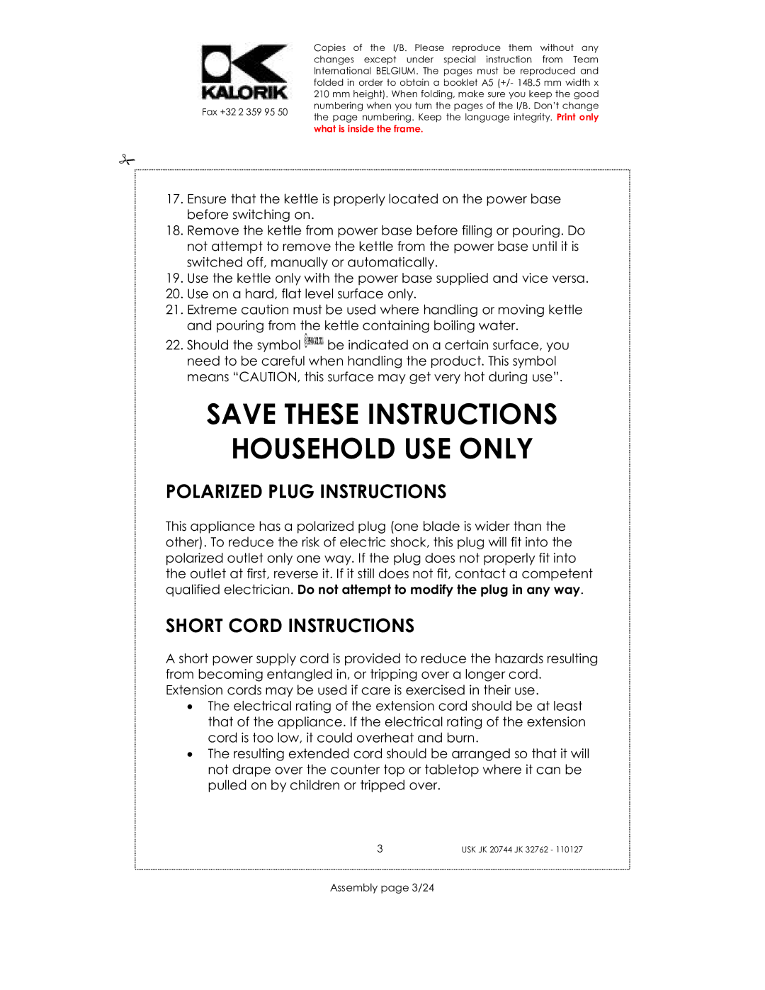 Kalorik USK JK 20744 manual Household USE only, Polarized Plug Instructions, Short Cord Instructions, Assembly page 3/24 