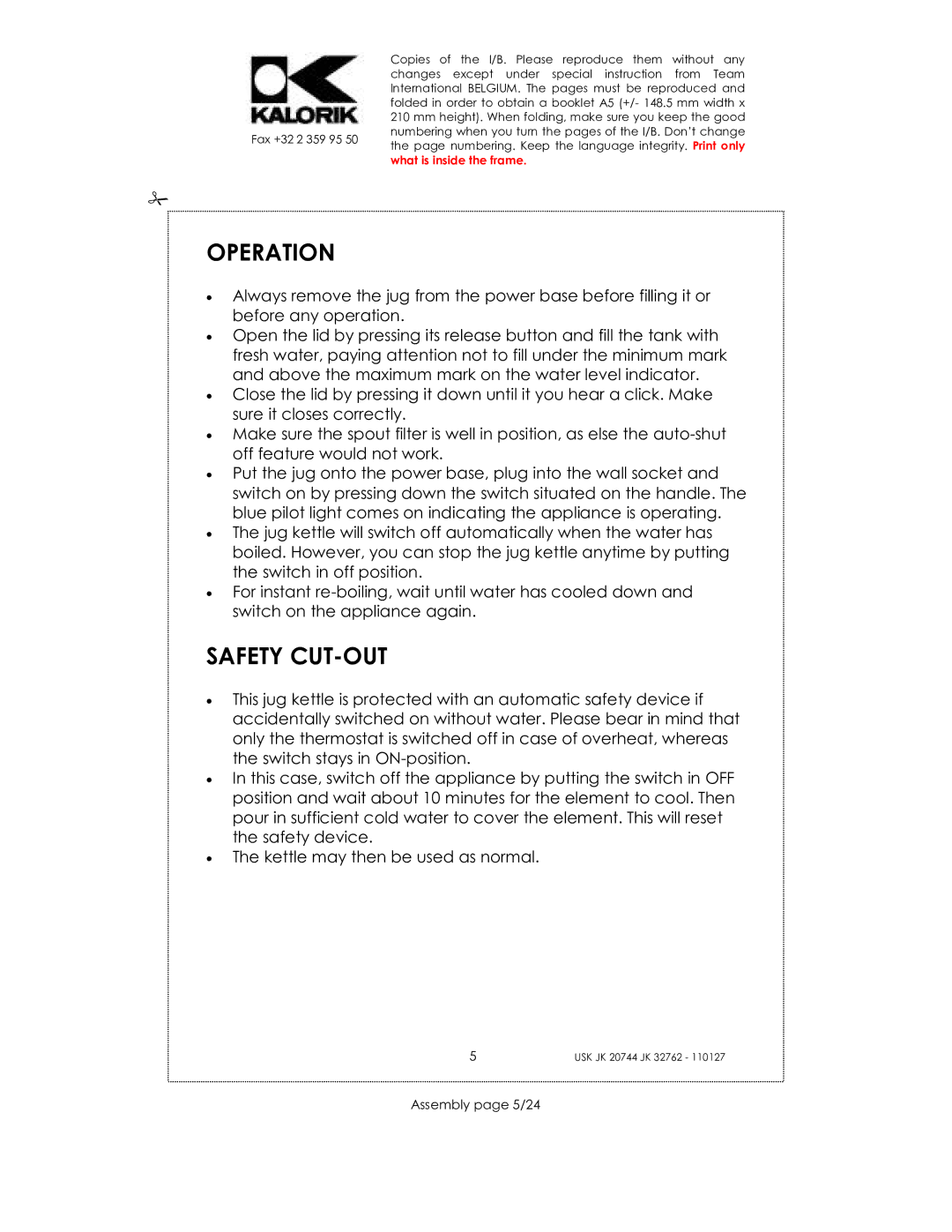 Kalorik USK JK 20744, USK JK 32762 manual Operation, Safety CUT-OUT, Assembly page 5/24 