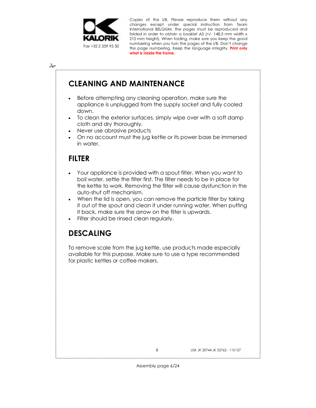 Kalorik USK JK 32762, USK JK 20744 manual Cleaning and Maintenance, Filter, Descaling, Assembly page 6/24 