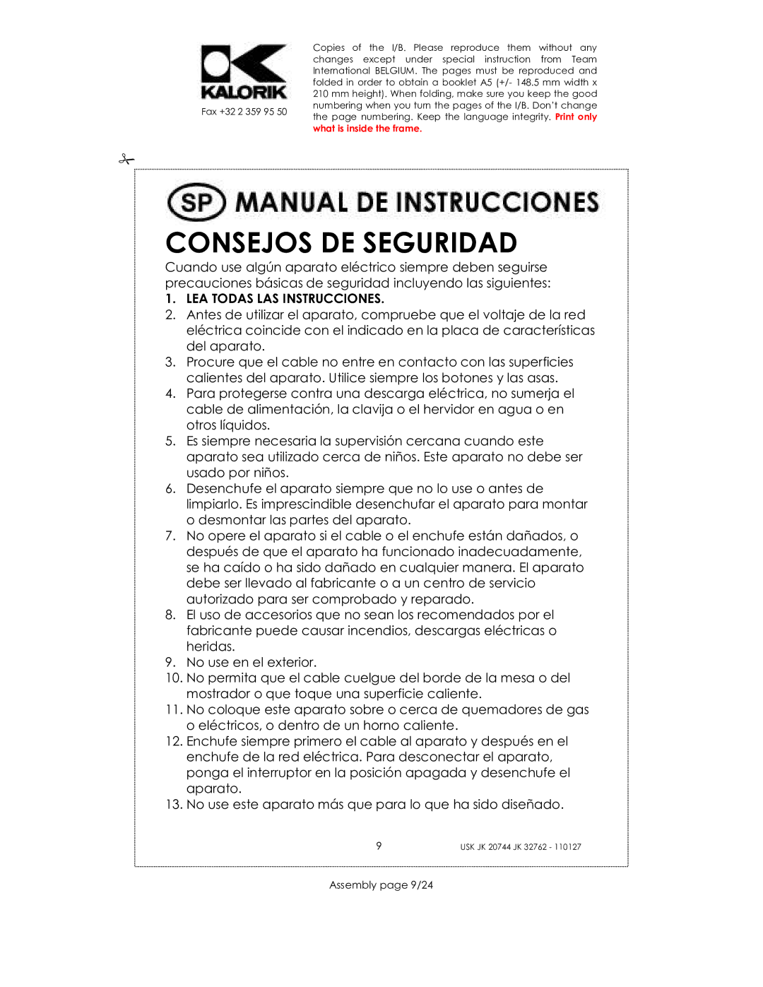 Kalorik USK JK 20744, USK JK 32762 manual Consejos DE Seguridad, Assembly page 9/24 