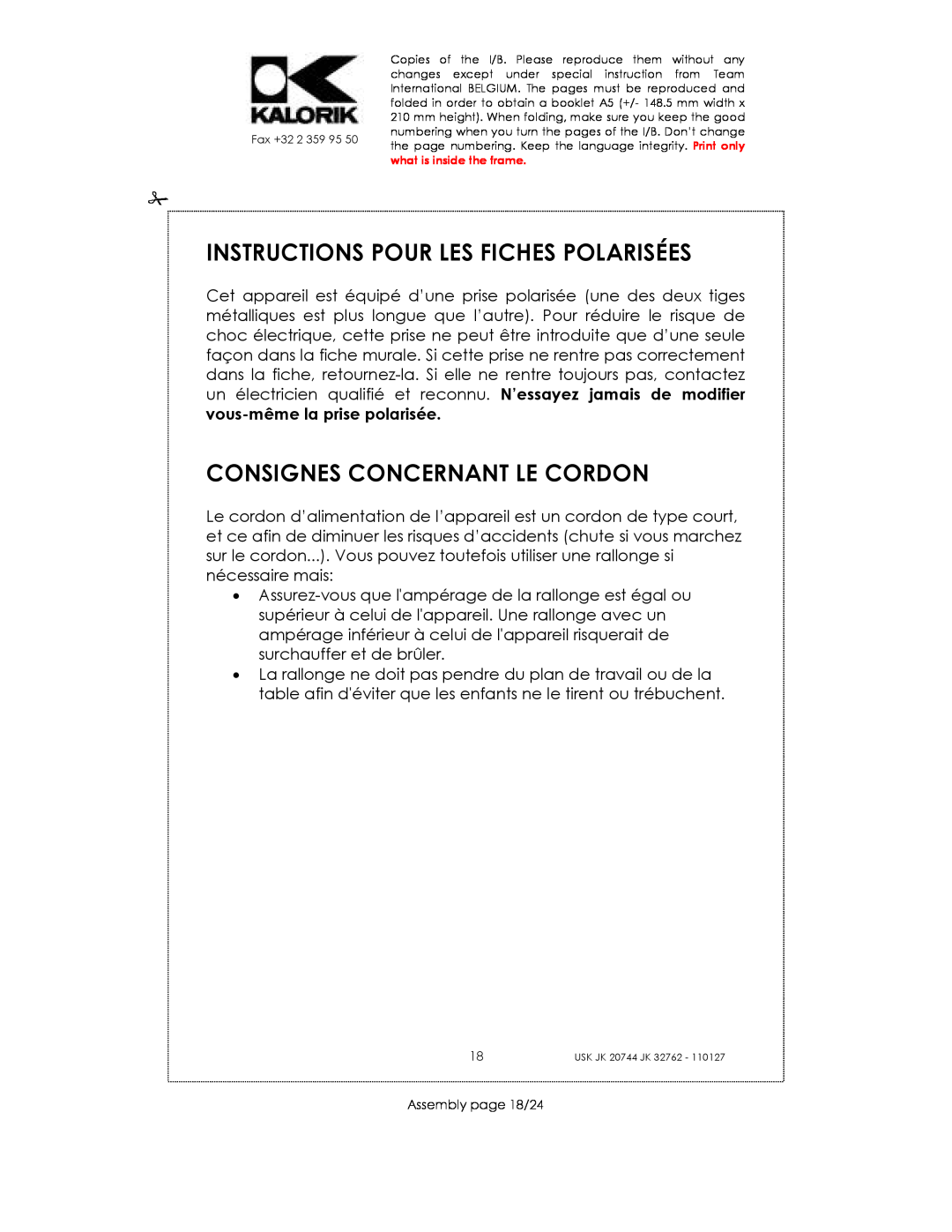Kalorik USK JK 32762 manual Instructions Pour Les Fiches Polarisées, Consignes Concernant Le Cordon, Assembly page 18/24 