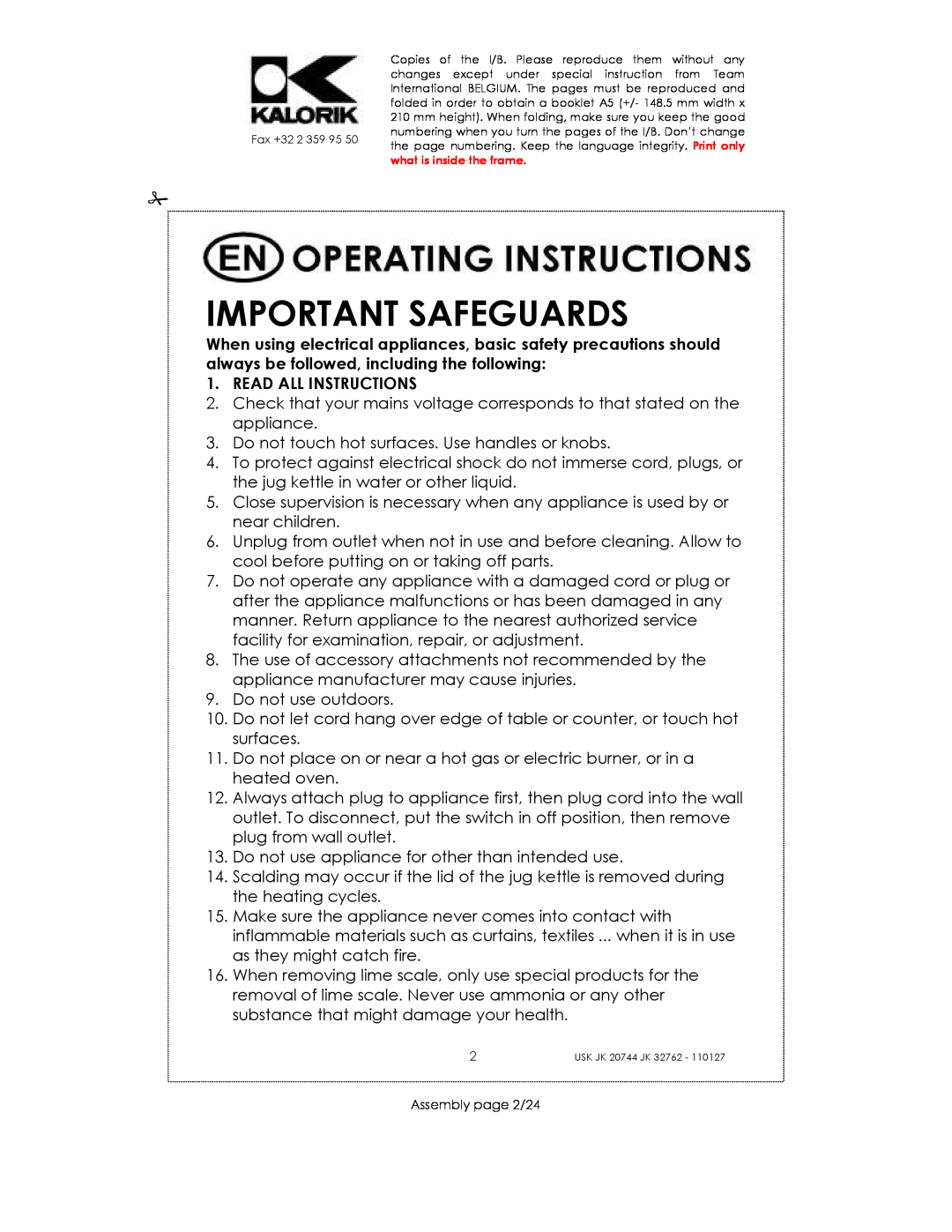 Kalorik USK JK 32762, USK JK 20744 manual Important Safeguards, Read All Instructions 