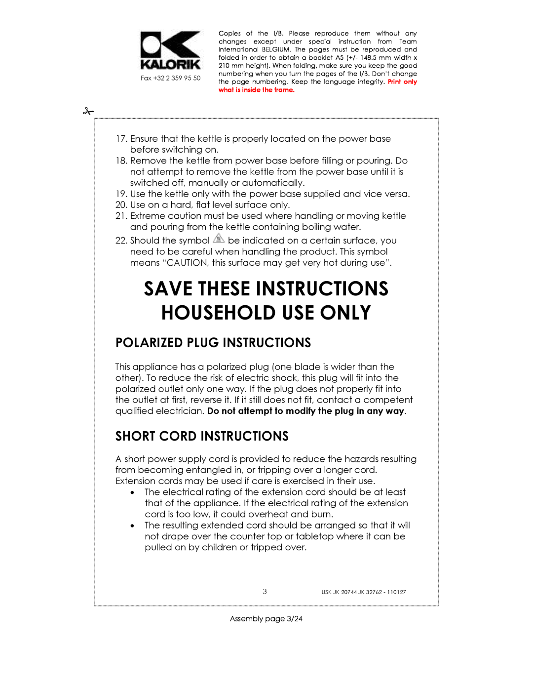 Kalorik USK JK 20744 Save These Instructions Household Use Only, Polarized Plug Instructions, Short Cord Instructions 