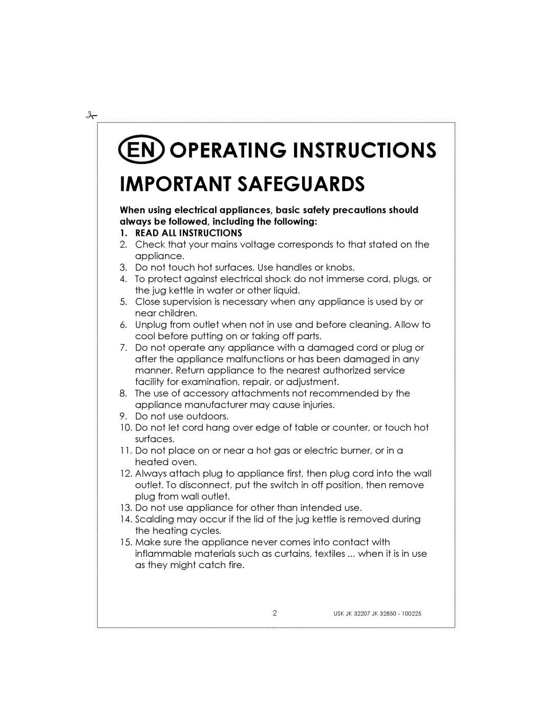 Kalorik USK JK 32850, USK JK 32207 manual Important Safeguards, Read ALL Instructions 