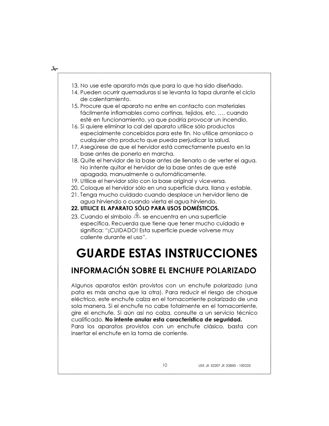 Kalorik USK JK 32850, USK JK 32207 manual Guarde Estas Instrucciones, Información Sobre El Enchufe Polarizado 