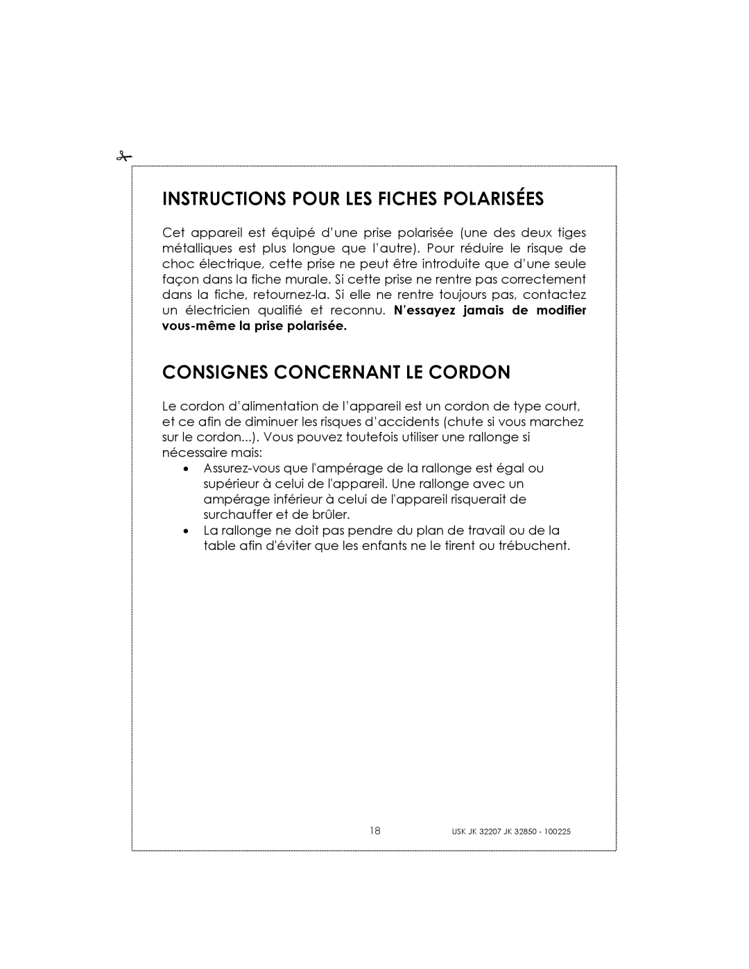 Kalorik USK JK 32850, USK JK 32207 manual Instructions Pour Les Fiches Polarisées, Consignes Concernant Le Cordon 