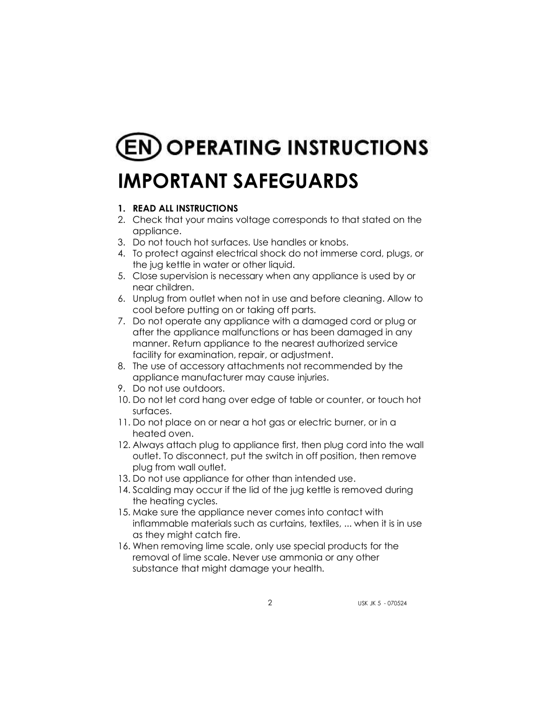 Kalorik USK JK 5 manual Important Safeguards, Read ALL Instructions 