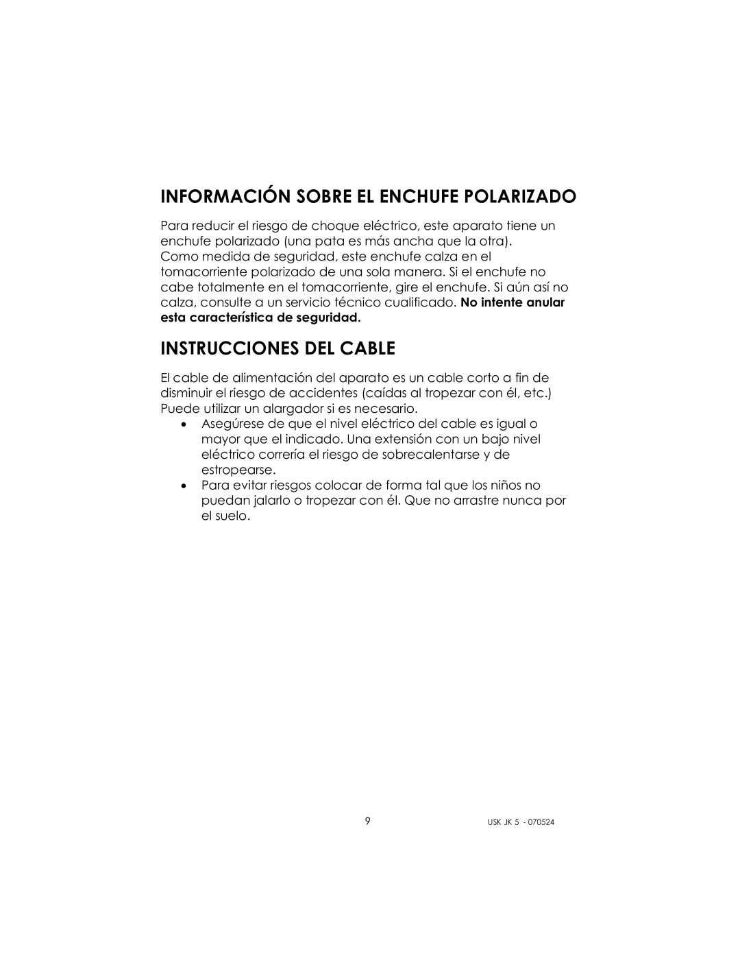 Kalorik USK JK 5 manual Información Sobre EL Enchufe Polarizado, Instrucciones DEL Cable 