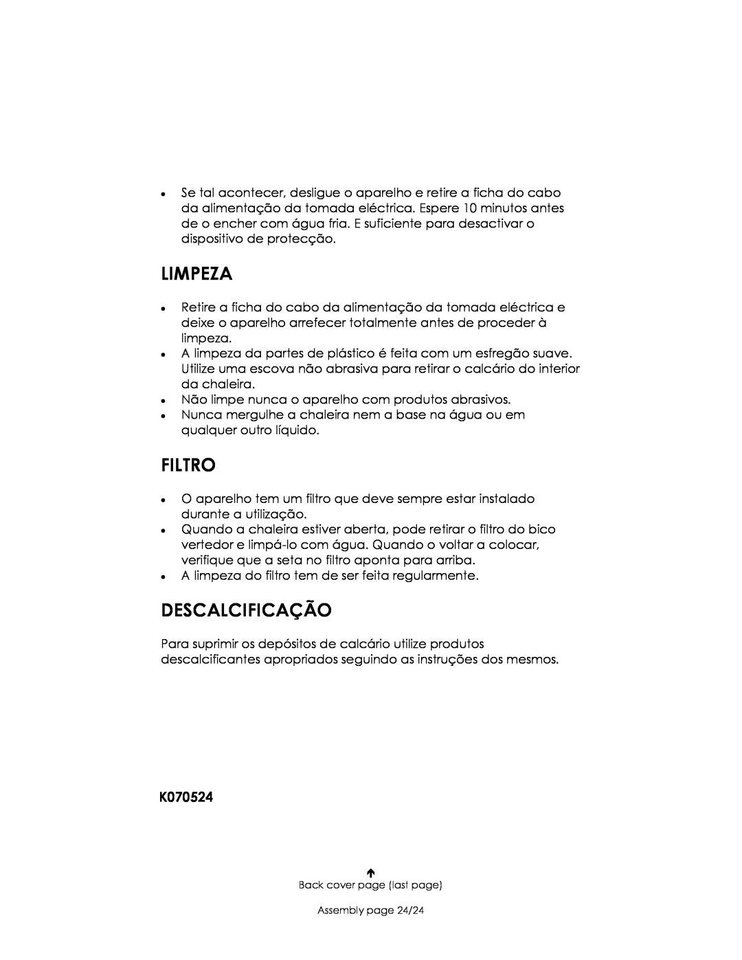 Kalorik USK JK 5 manual Limpeza, Descalcificação, Filtro, K070524 