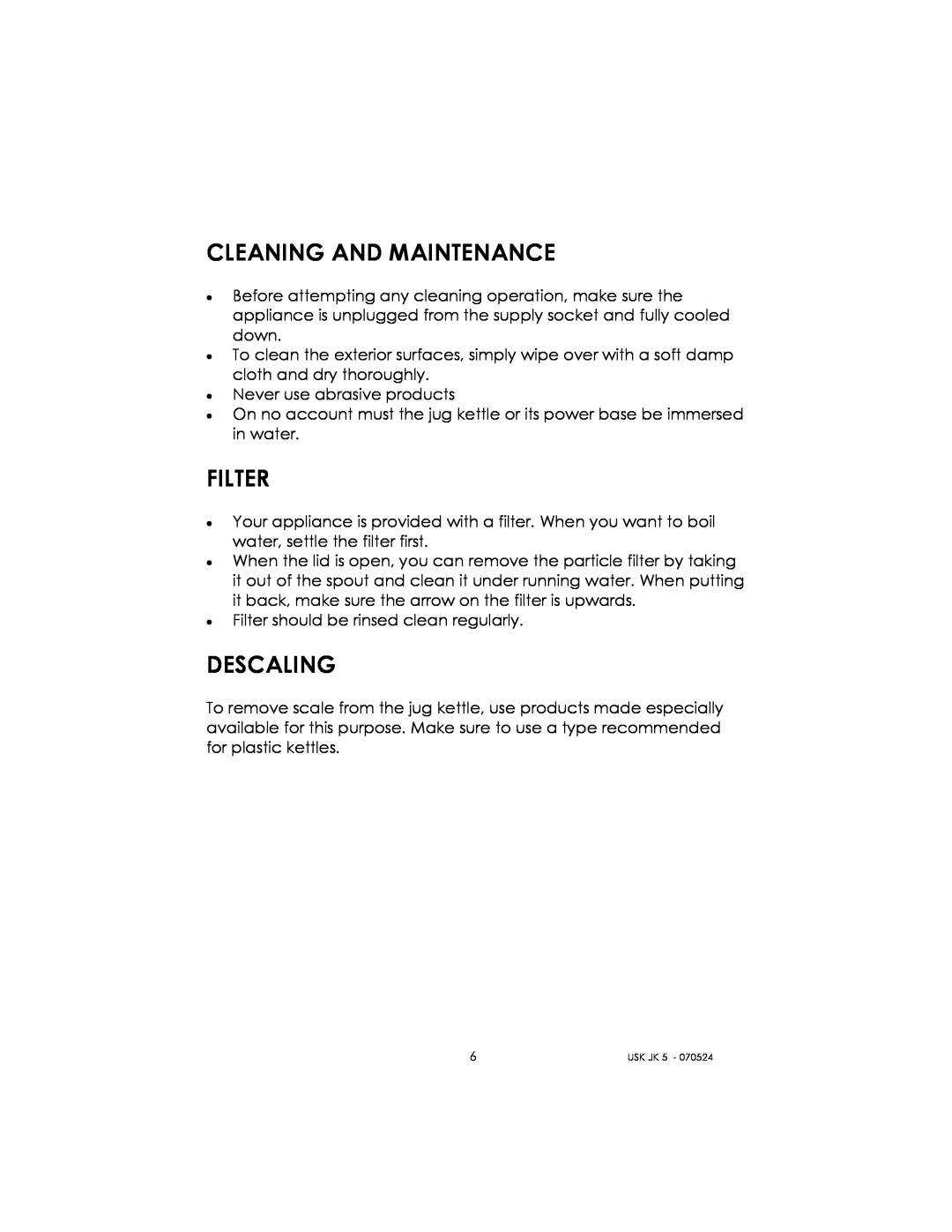 Kalorik USK JK 5 manual Cleaning And Maintenance, Filter, Descaling 