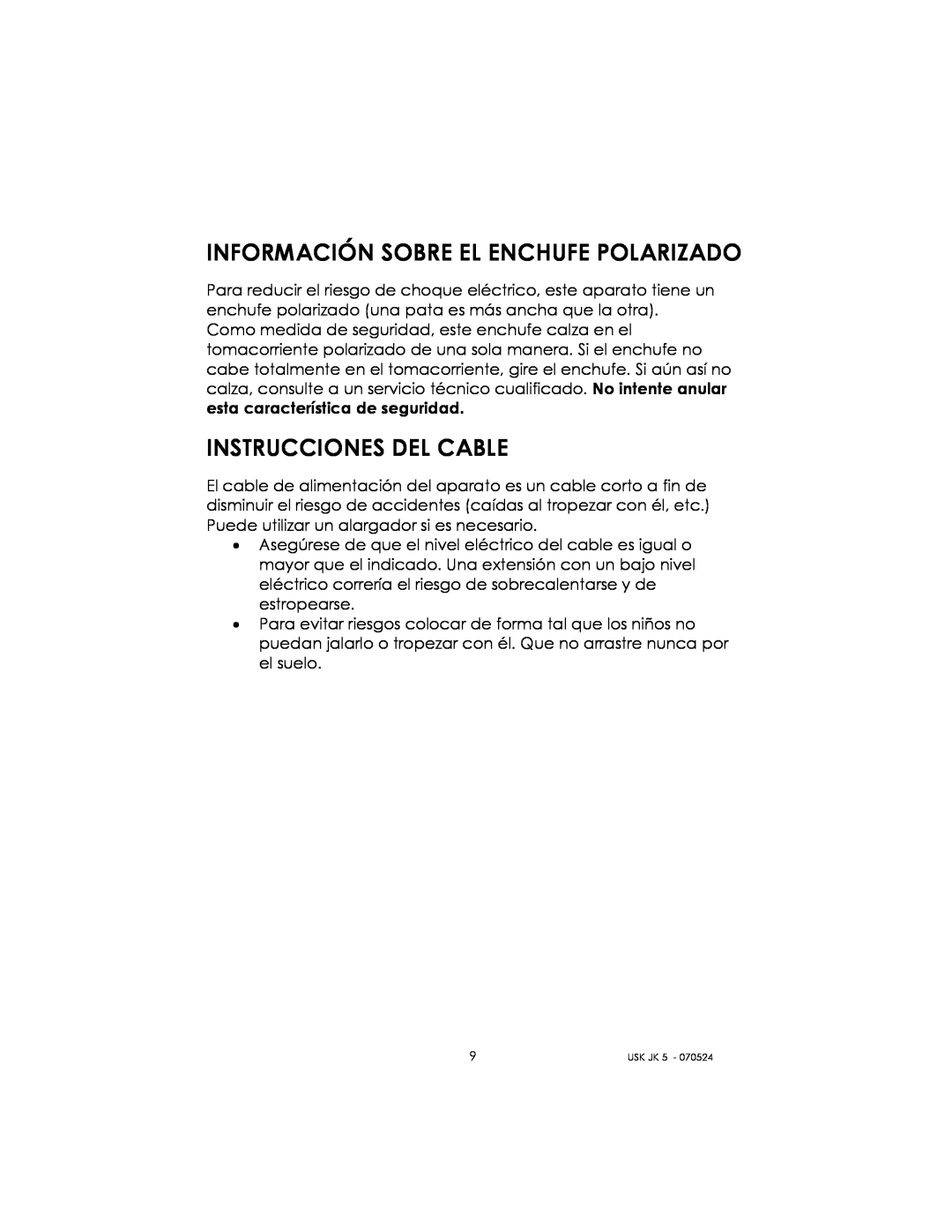 Kalorik USK JK 5 manual Información Sobre El Enchufe Polarizado, Instrucciones Del Cable 