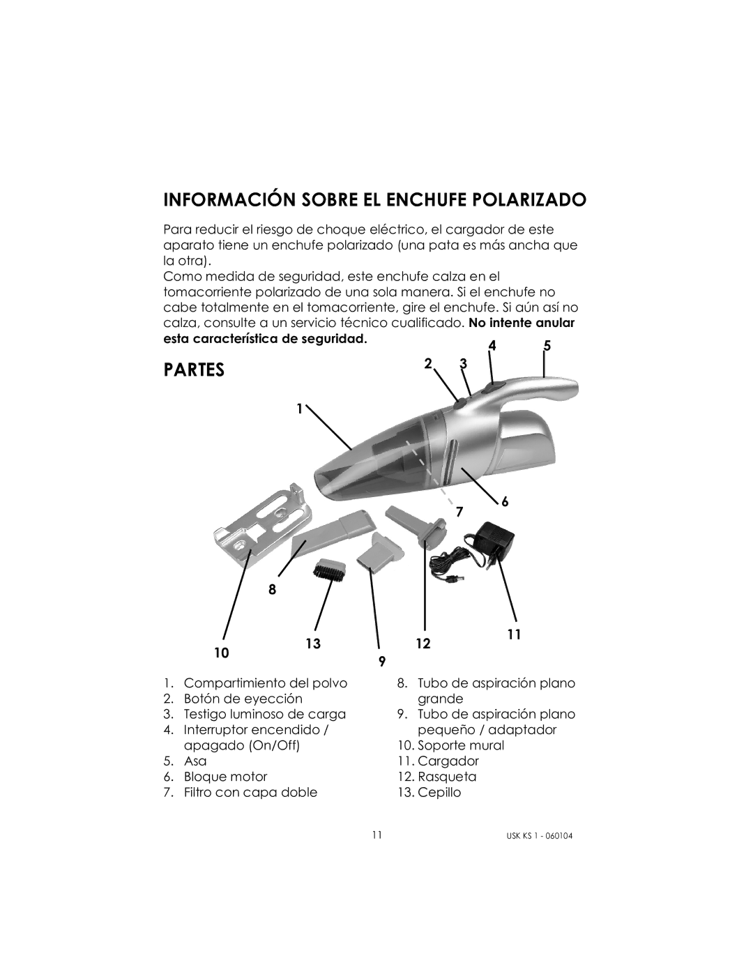 Kalorik USK KS 1 manual Información Sobre EL Enchufe Polarizado, Partes 