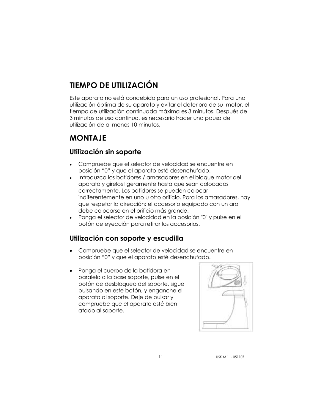 Kalorik USK M 1 manual Tiempo DE Utilización, Montaje 