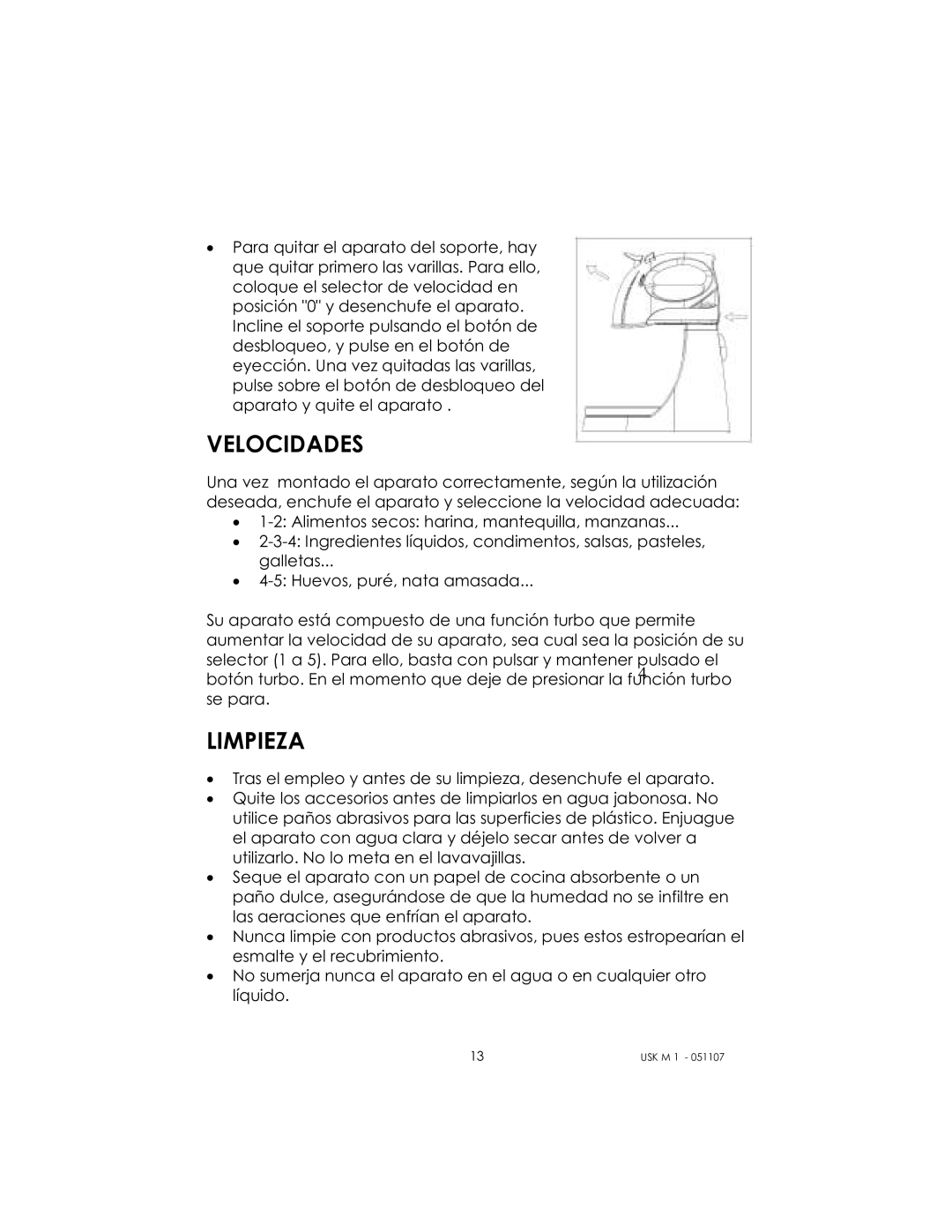 Kalorik USK M 1 manual Velocidades, Limpieza 