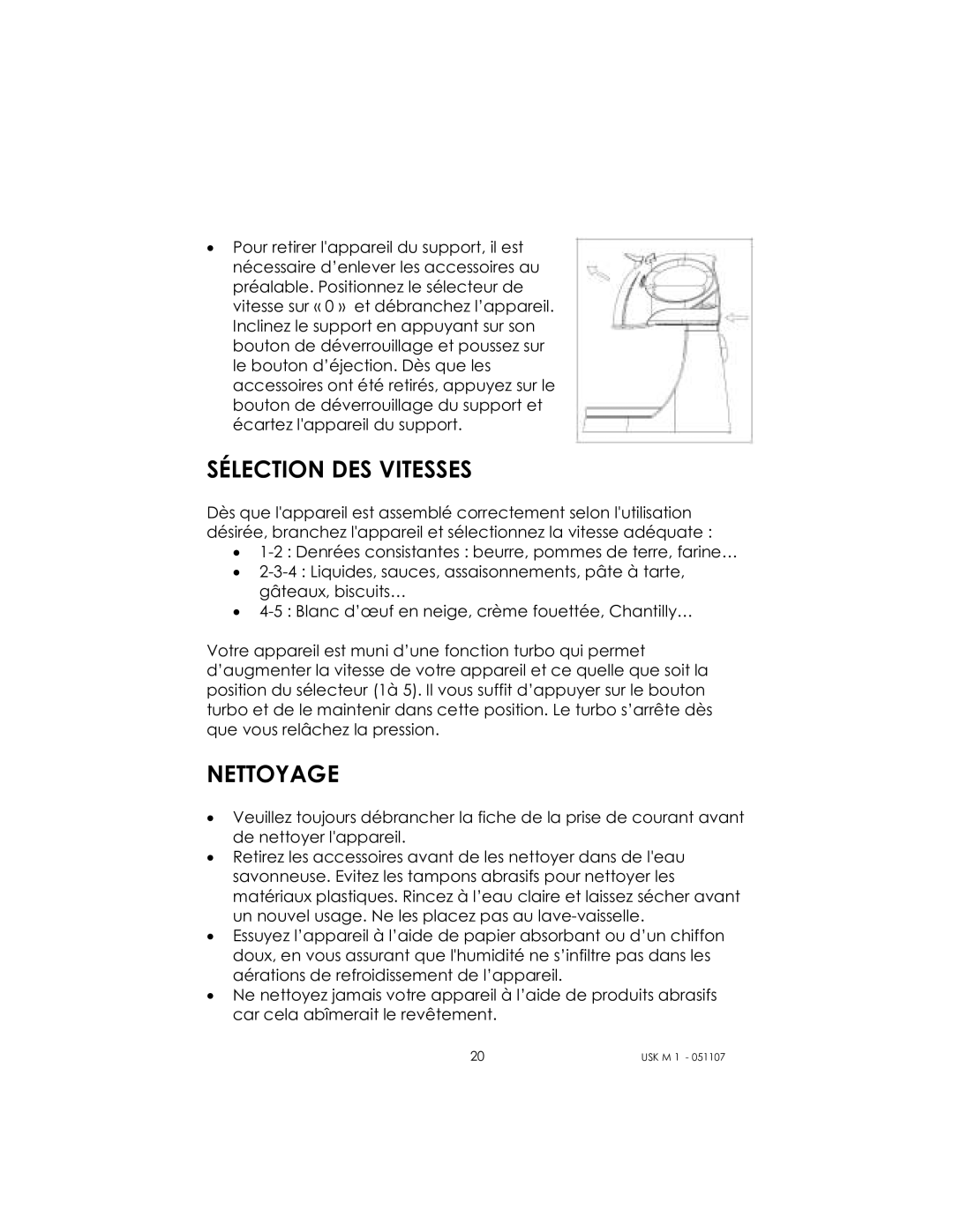 Kalorik USK M 1 manual Sélection DES Vitesses, Nettoyage 