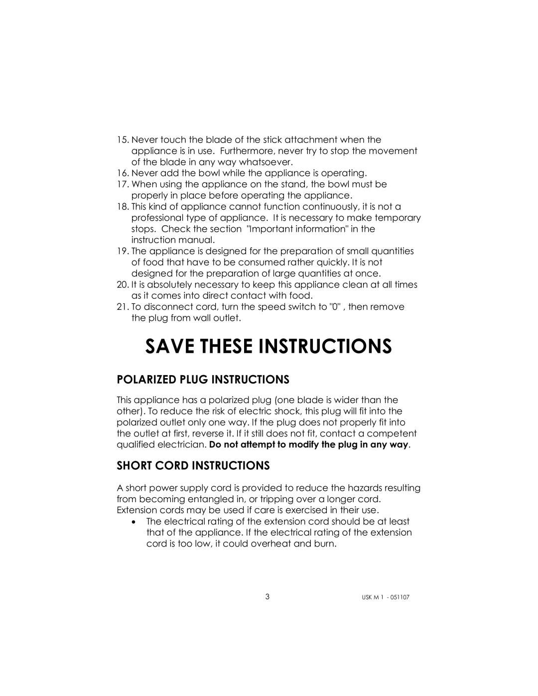 Kalorik USK M 1 manual Polarized Plug Instructions 