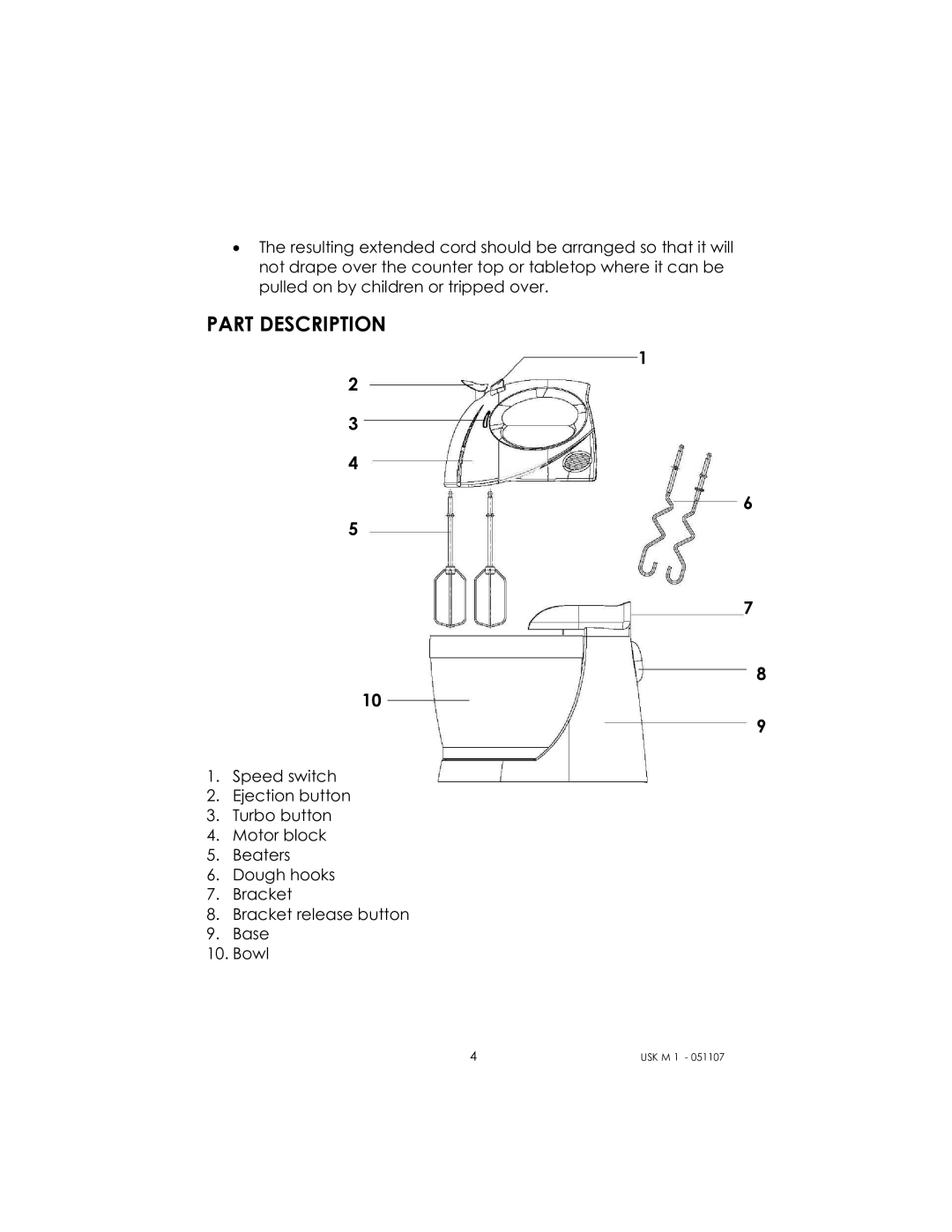 Kalorik USK M 1 manual Part Description 