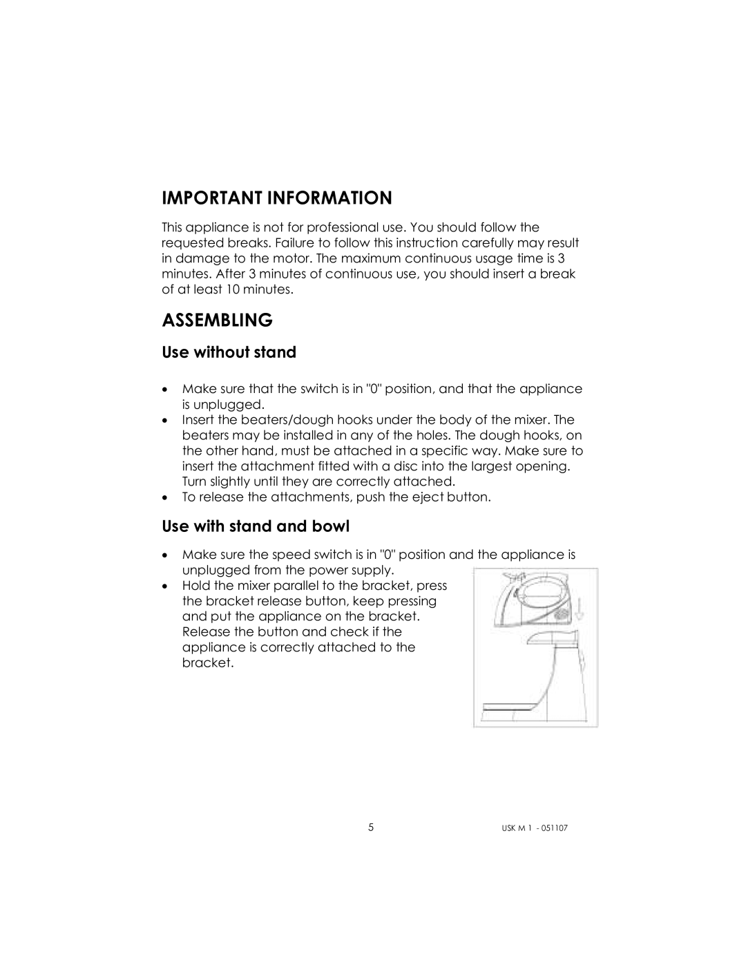 Kalorik USK M 1 manual Important Information, Assembling 