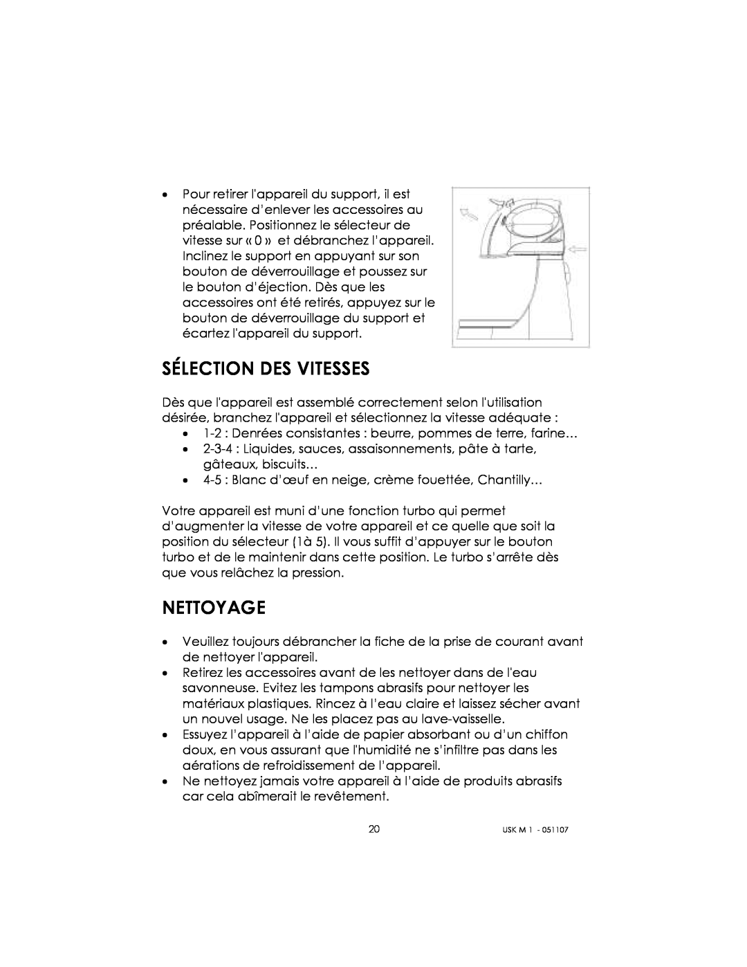 Kalorik USK M 1 manual Sélection Des Vitesses, Nettoyage 