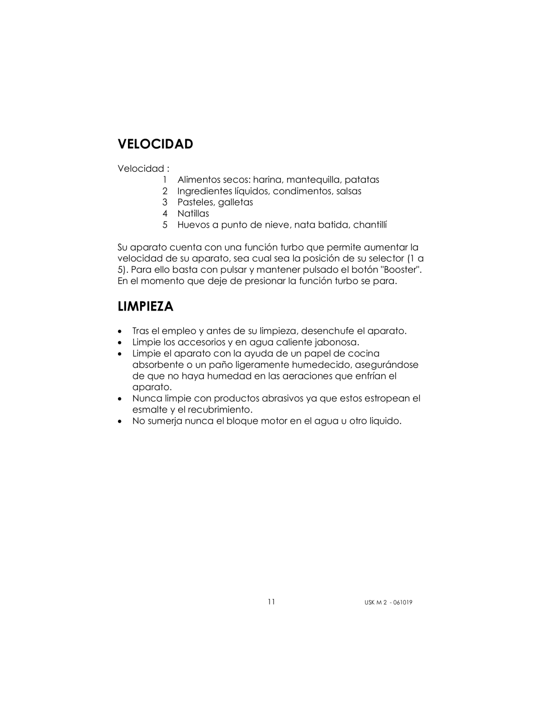 Kalorik USK M 2 manual Velocidad, Limpieza 