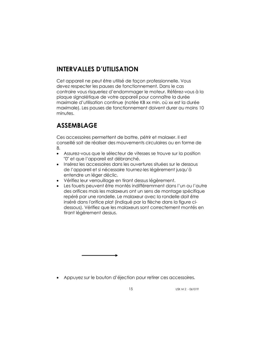 Kalorik USK M 2 manual Intervalles D’UTILISATION, Assemblage 