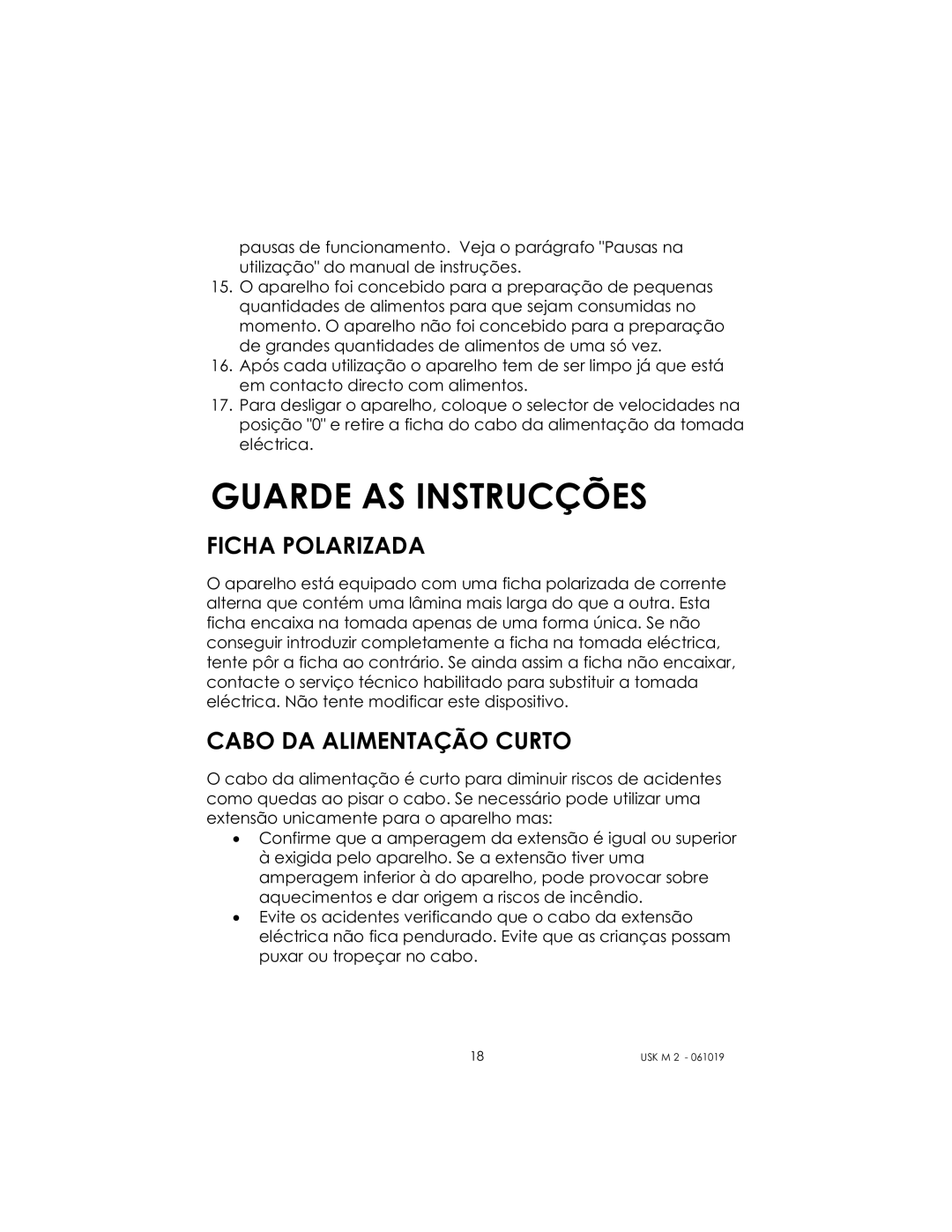 Kalorik USK M 2 manual Guarde AS Instrucções, Ficha Polarizada, Cabo DA Alimentação Curto 