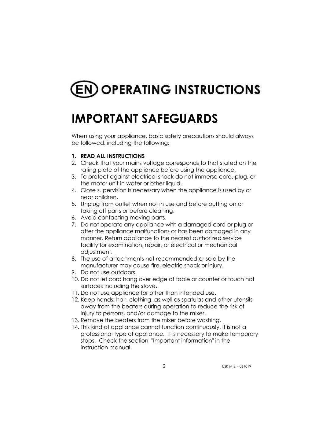 Kalorik USK M 2 manual Important Safeguards, Read ALL Instructions 